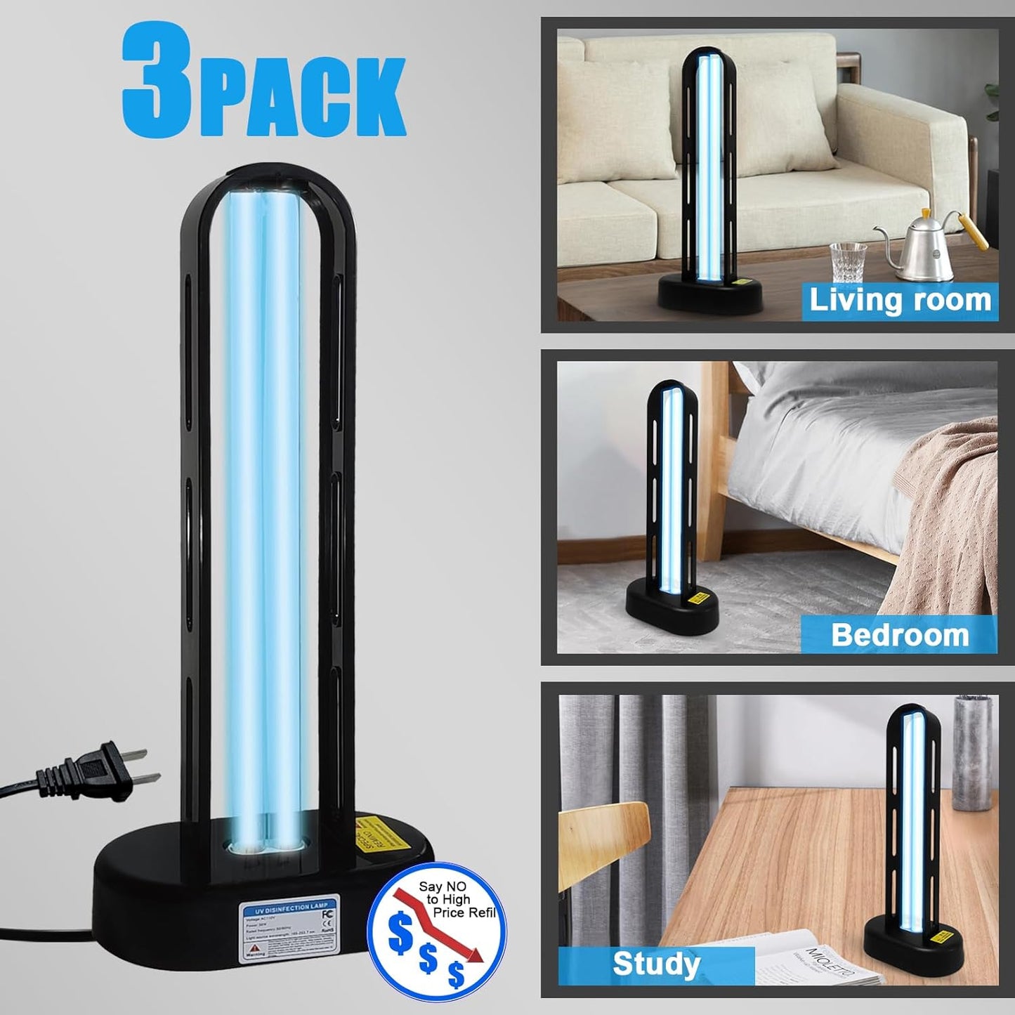 BAIMNOCM 3 Pack 38W UV Light Sanitizer, UVC Germicidal Lamp with Remote Control, UV Disinfection Light Bulb for Basement/Bedroom/Kitchen (2 Ozone Free + 1 Ozone)