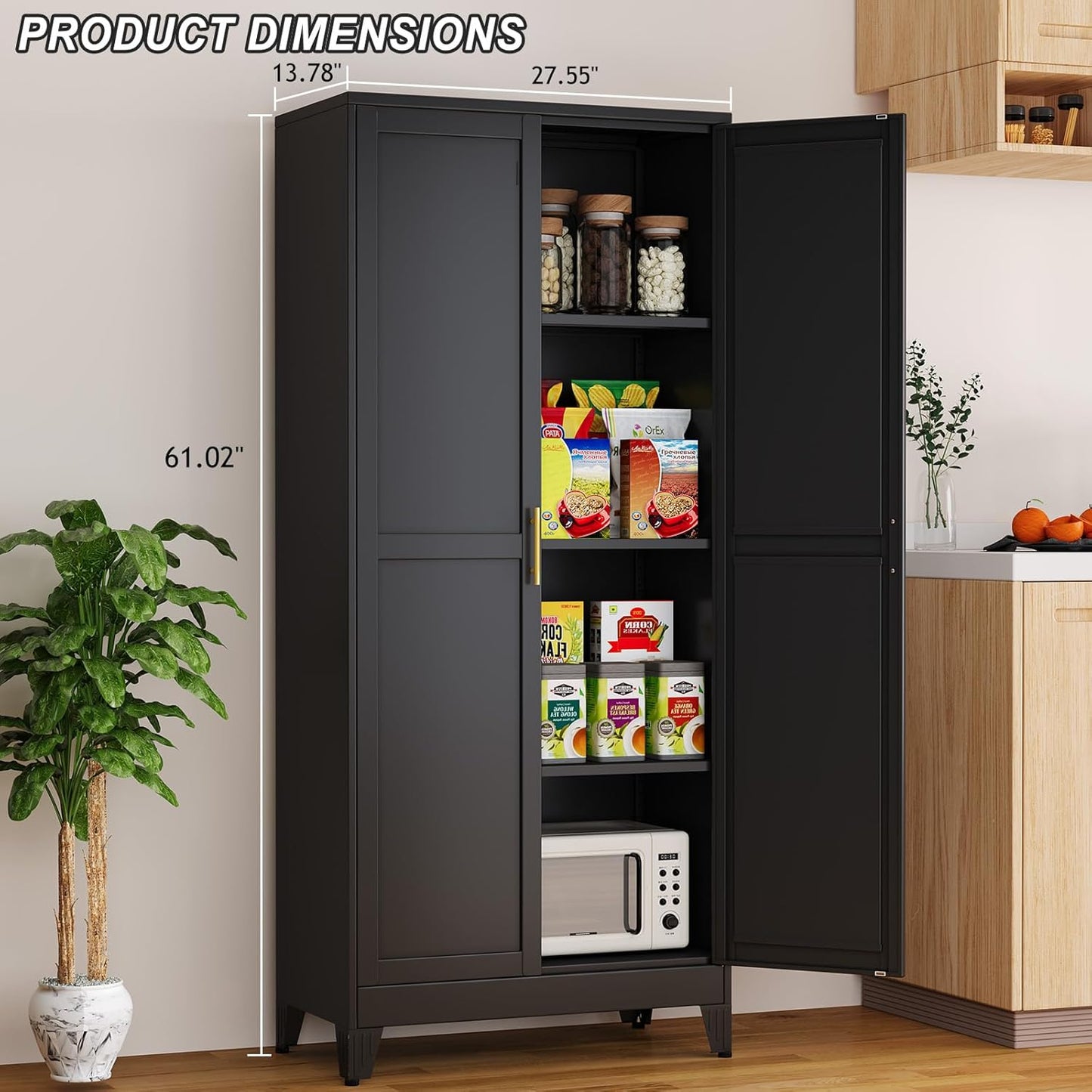 Metal Pantry Cabinet with 2 Doors and Adjustable Shelves, 61"Kitchen Storage Cabinet with Gold Handles, Versatile Storage for Laundry, Living, Bathroom, Dining, Utility Room - Black