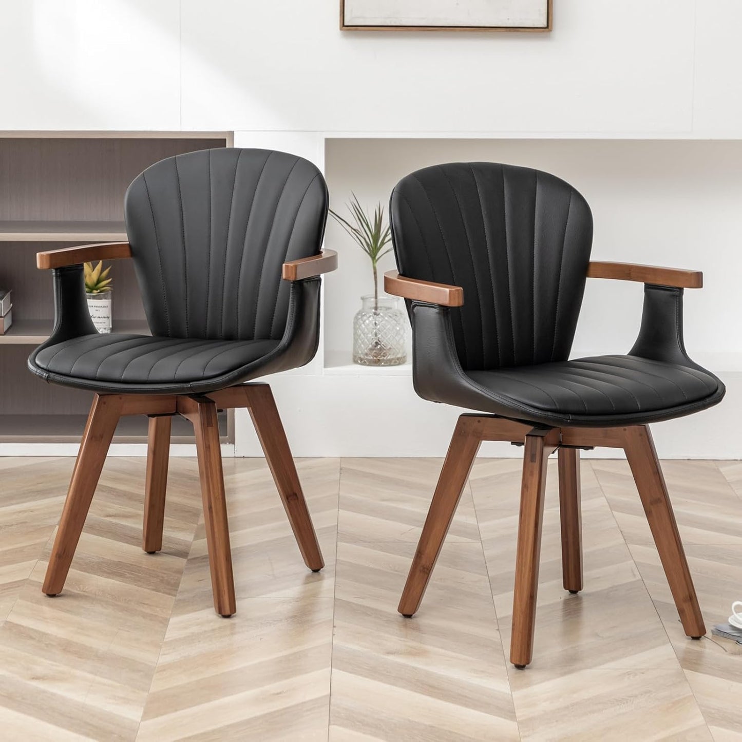 LUNLING Swivel Dining Chairs, Mid Century Modern Black Faux Leather Kitchen Chairs with Arms,Bamboo Legs Side Chairs No Wheels,Accent Chair for Dining Rooms and Offices,1PCS