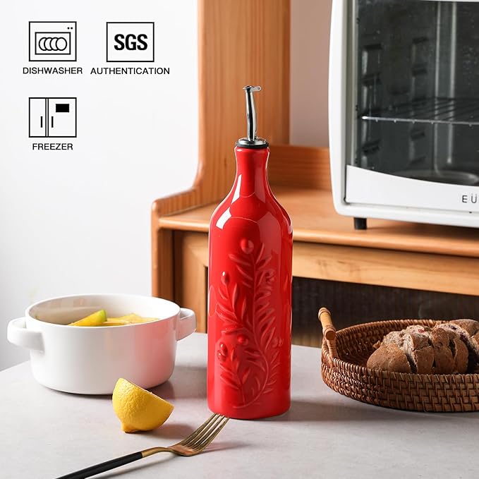 Sweejar Large Olive Oil Dispenser Bottle with Spout, 24 Oz Ceramic Oil Dispenser for Kitchen, Relief Opaque Cruet, Container for Cooking, EVOO, Vinegar, Pack of 1 (Red)