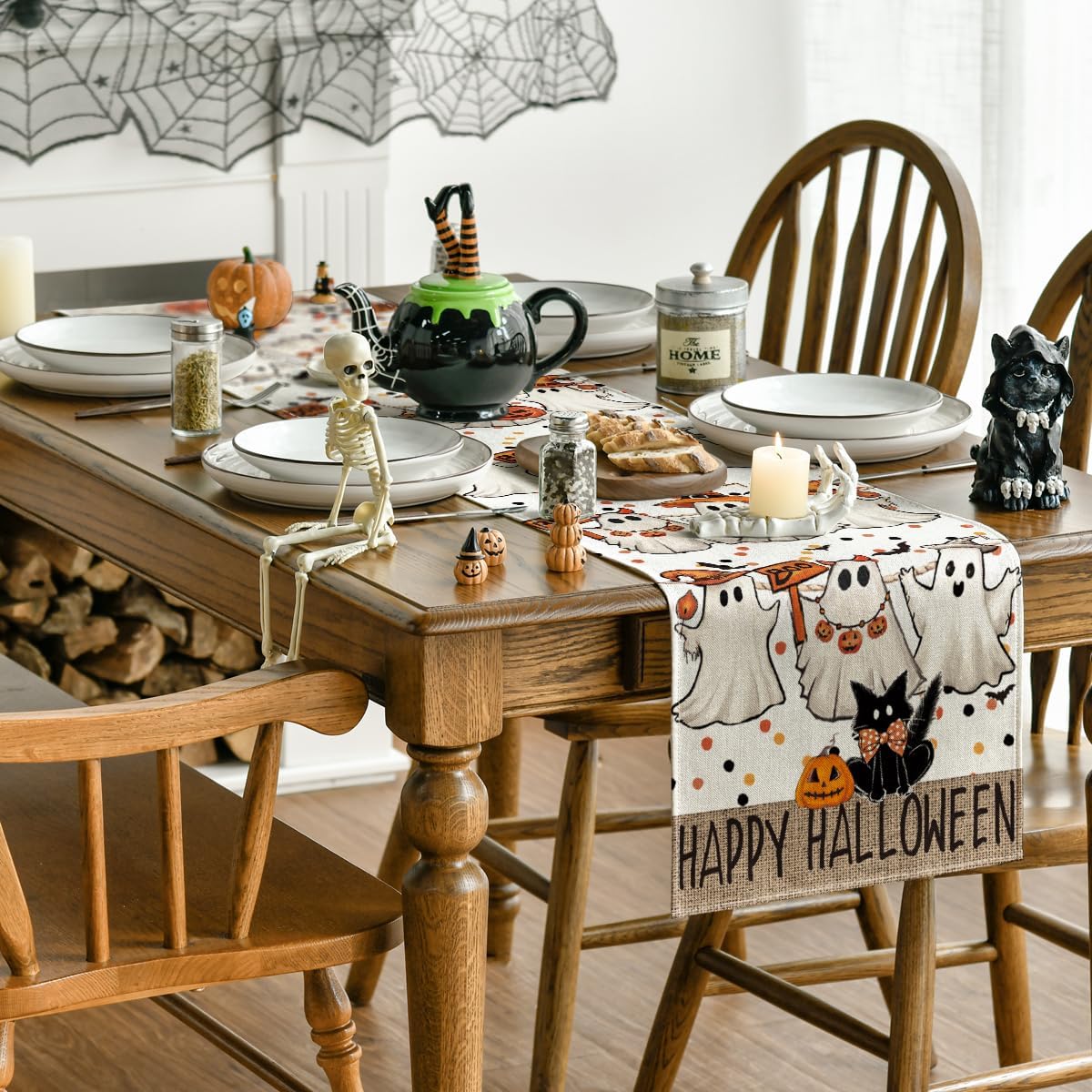 Artoid Mode Beige Ghost Jack-O'-Lantern Black Cat Halloween Table Runner,Holiday Kitchen Dining Table Decoration for Home Party Decor 13 x 72 Inch