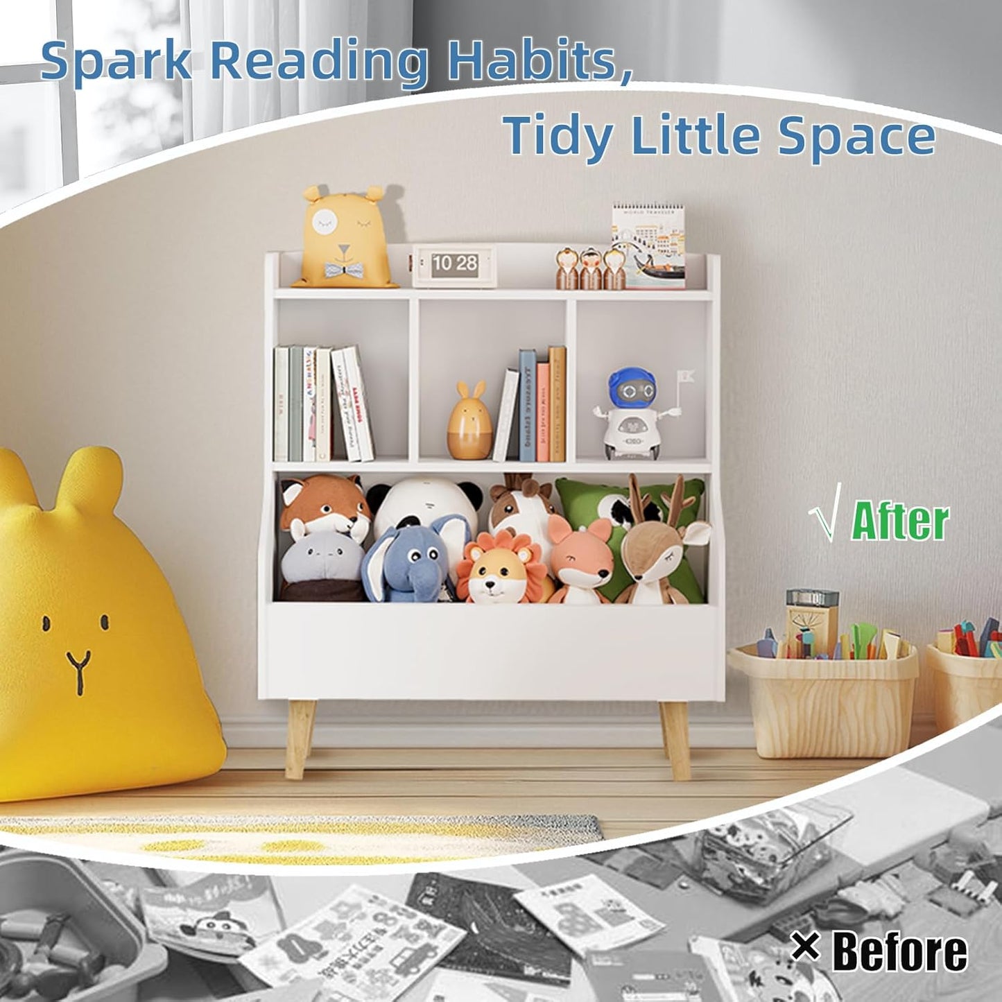 Kids Bookshelf and Toy Storage, 4-Cubby Toy Storage Organizer with Bookcase, Wood Kid Storage Cubby, 24"L x 14"D x 28"H Montessori Toy Shelf, Toddler Book Shelf for Kids Room Nursery Playroom