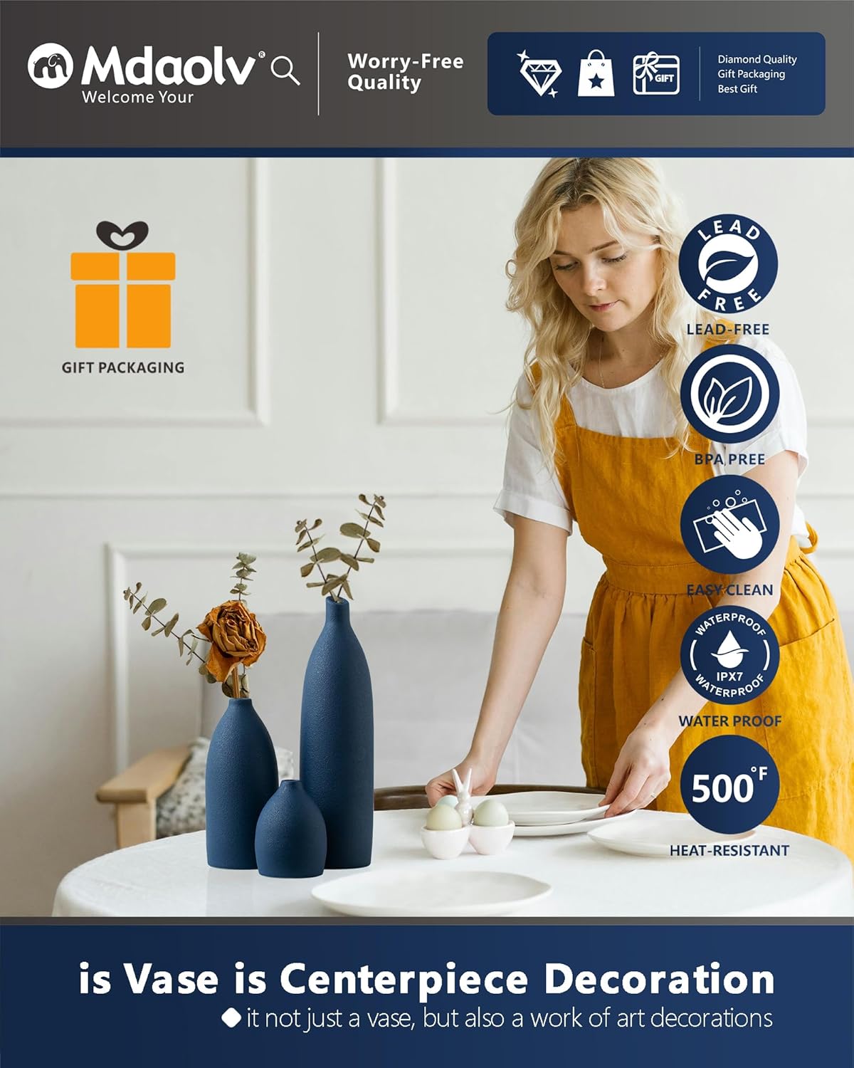 Matte Blue Vase Set Navy Blue Decor Coastal Decor Vases for Kitchen Island Living Room Office Table Fireplace Mantle Decorations & Bathroom Shelf Decor Centerpiece Table Decorations Ceramic