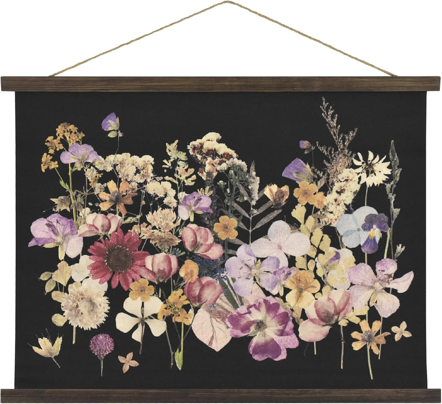 American Art Decor Framed Dried Flowers Tapestry Wall Art - Botanical Print with Blue, Yellow & Pink Blooms