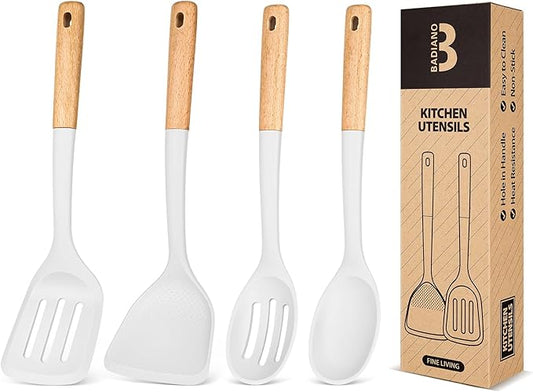 Silicone Cooking Utensils Set, Perfectly Angled for Frying, Mixing,Serving,Draining,Turning and Stirring, BPA-Free Matte Silicone, Wood Handles, Safe for Nonstick Cooking Surfaces,4 Pack (White)