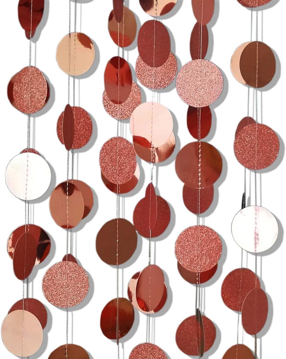 6 Pcs Glitter Rose Gold Paper Circle Dots Garland Party Hanging Decorations Bachelorette Party Engagement Party Bridal Shower Wedding Baby Shower Birthday Party Supplies Cute Photo Backdrop (52 Feet)