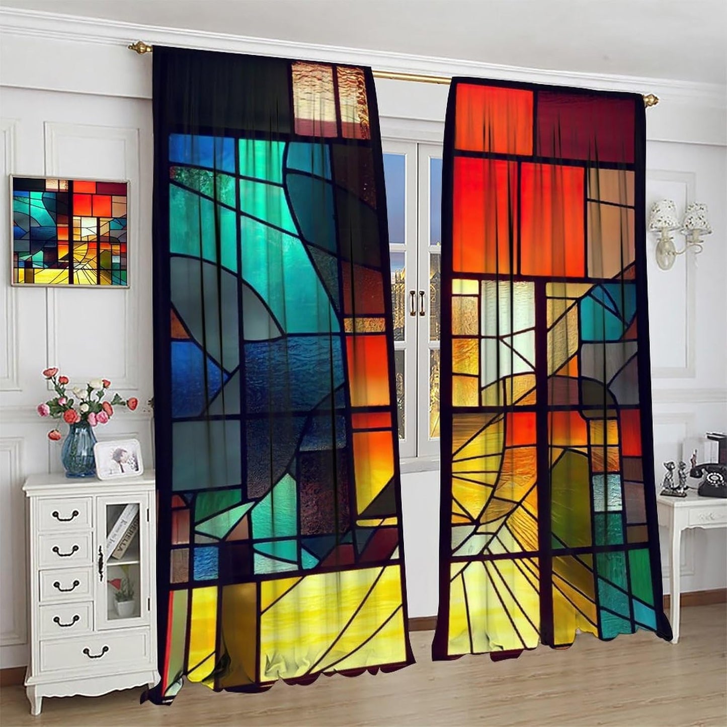 Stained Glass Curtains,Retro Abstract Colorful Geometry Textures Art Home Decor Drapes for Bedroom Living Room Kitchen Window Treatment 2 Panels Set Total Size 63" W X 63" L Inch