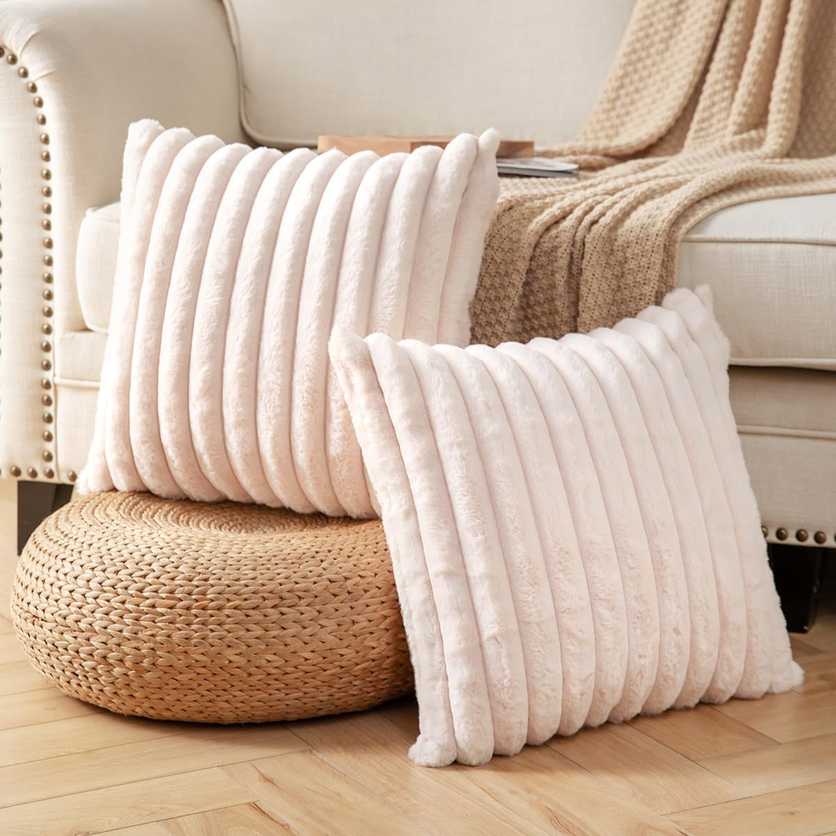DEELAND Pack of 2,Double-Sided Faux Fur Plush Decorative Throw Pillow Covers Fuzzy Striped Soft Pillowcase Cushion Covers for Sofa Couch Bedroom Beige 24x24 inch