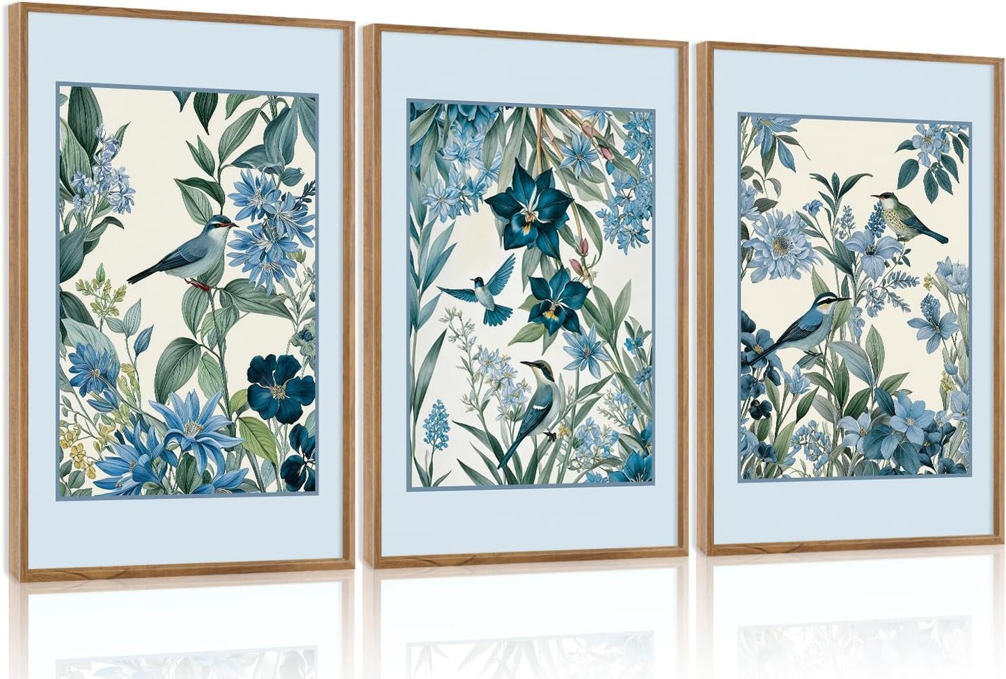 Aurlan Vintage Blue Birds and Botanical Framed Wall Art(16"x24"), 3PCS Classic Chinoiserie Audubon Bird Canvas Artwork, Large Abstract Watercolor Flowers Floral Home Decor for Bedroom Living Room