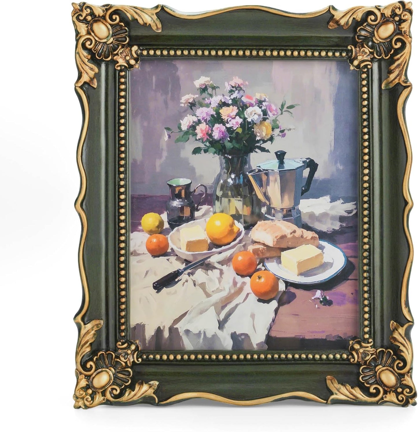 8x10 Vintage Picture Frame with Embossed Flower Design, Green Ornate Frame for 8x10 or 5x7 Pictures with White Mat, Hand-Crafted Resin Antique Frames for Tabletop & Wall Hanging, Home Decor (Green )