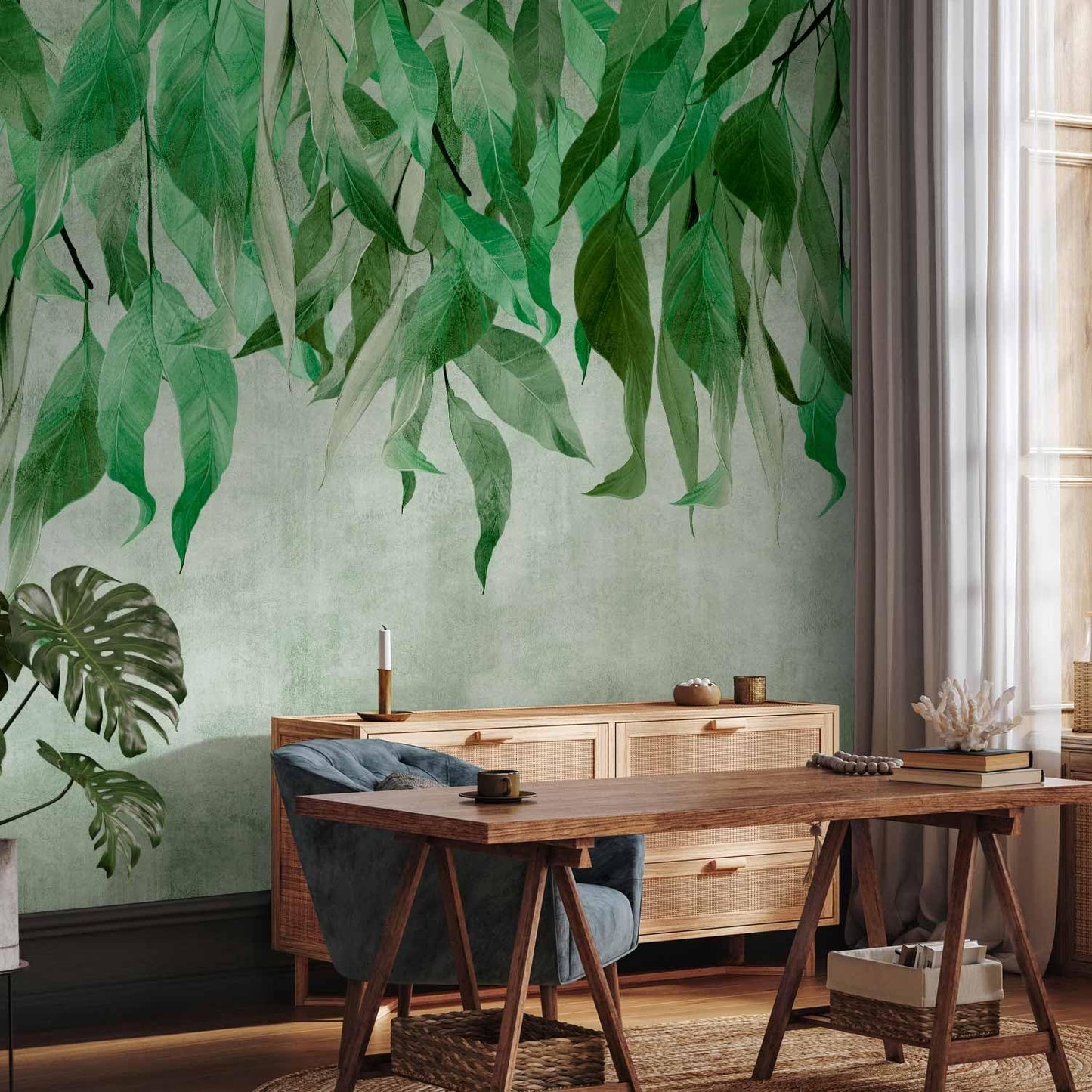 artgeist Wall Mural Hanging Leaves 154x110 in - Peel and Stick Self-Adhesive Wallpaper Removable Large Sticker Foil Wall Decor Print Picture Image Design Nature Botanical Concrete Green b-C-10146-a-a