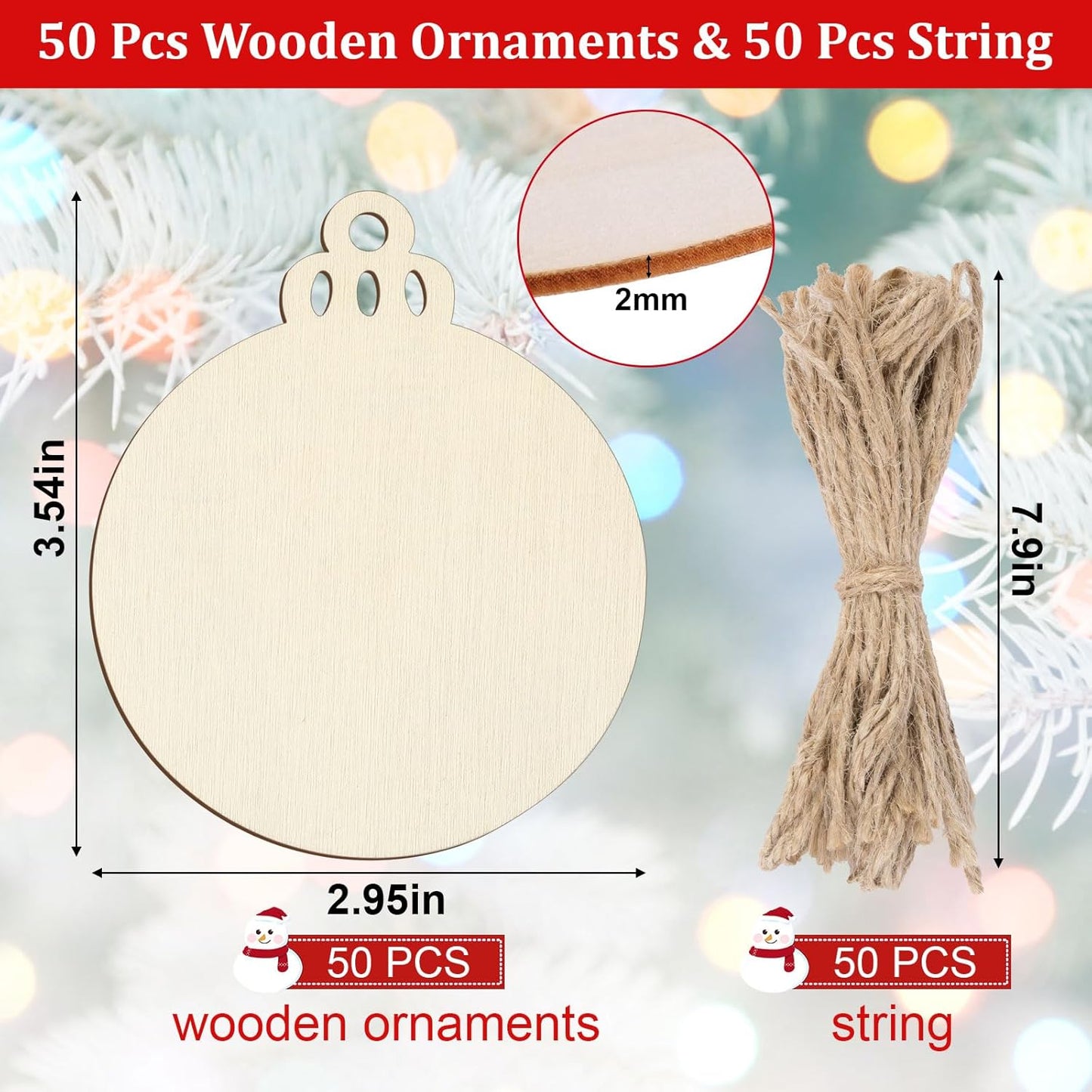 50 PCS Wooden Christmas Ornaments, 3 Inch DIY Wood Ornament for Crafts, Unfinished Wood Ornament to Paint, Blank Round Wooden Ornaments, Make Your Own Paintable Wood Slice