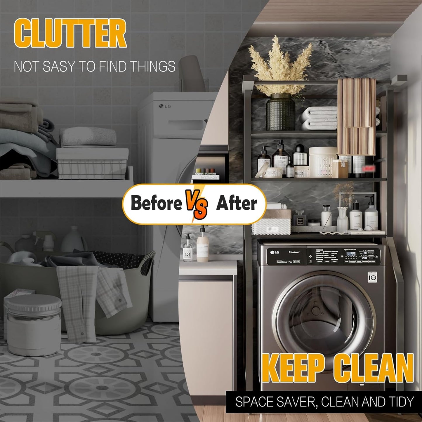 Dryer Storage Shelf and Heavy Duty Over the Washer– All-Steel Laundry Room Organizer with Clothes Drying Rod, Space-Saving Shelf for Front-Load Washers and Dryers, 29.92"L x 23.65"D x 70.8"H