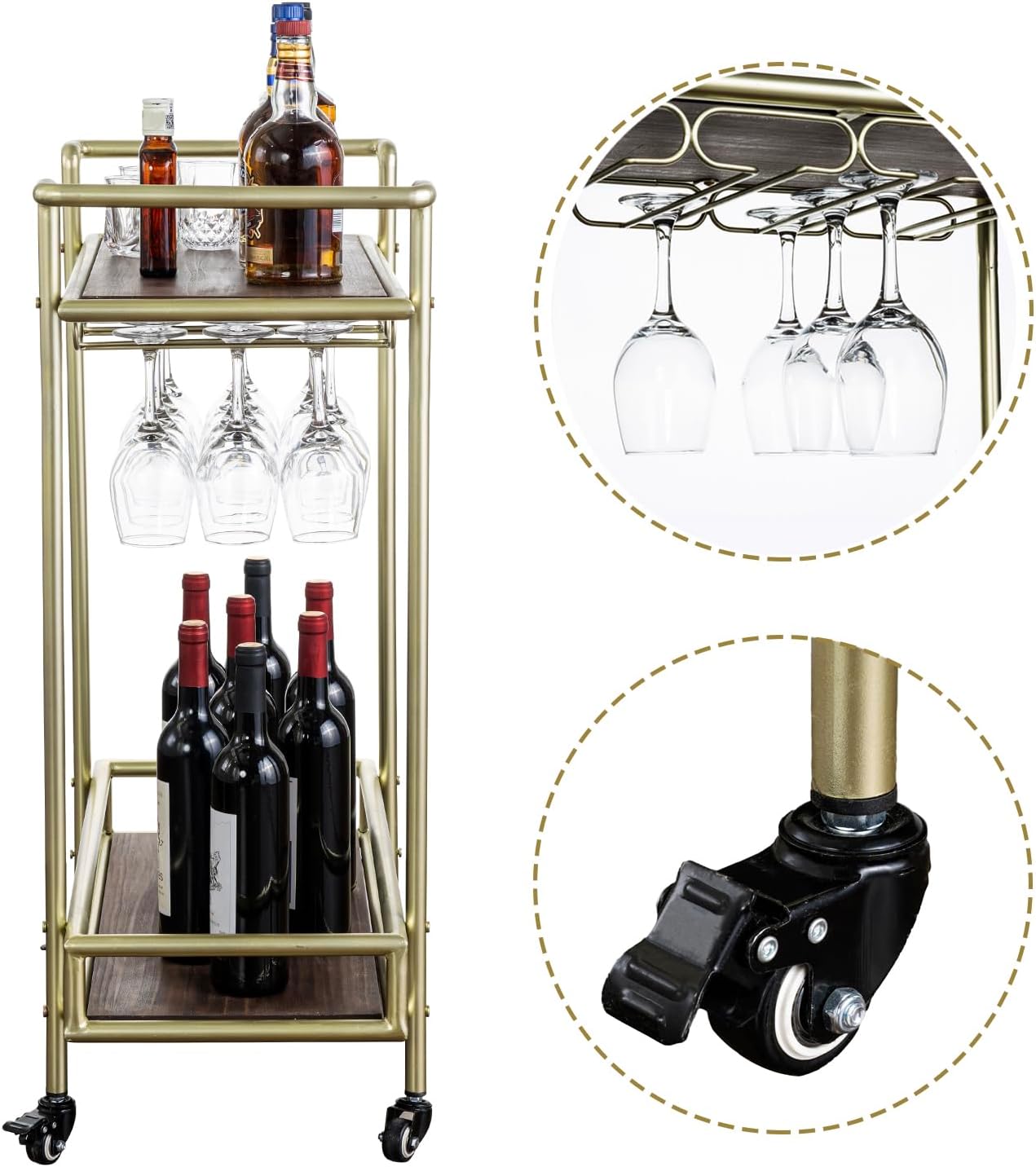 MyGift 2 Tier Rolling Bar Cart, Vintage Brass Tone Metal Cocktail and Wine Trolley with Burnt Wood Shelf Trays, Wine Glass Stemware Holder Rack and Lockable Wheels
