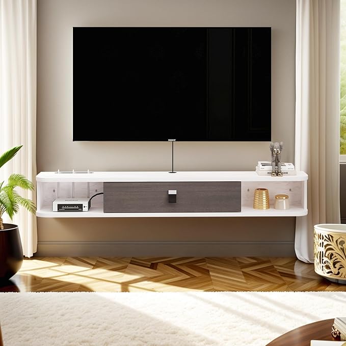 Pmnianhua Modern Floating TV Stand, 47'' Wall-Mounted Media Console with Storage for Bedroom, Living Room (Grey-White)