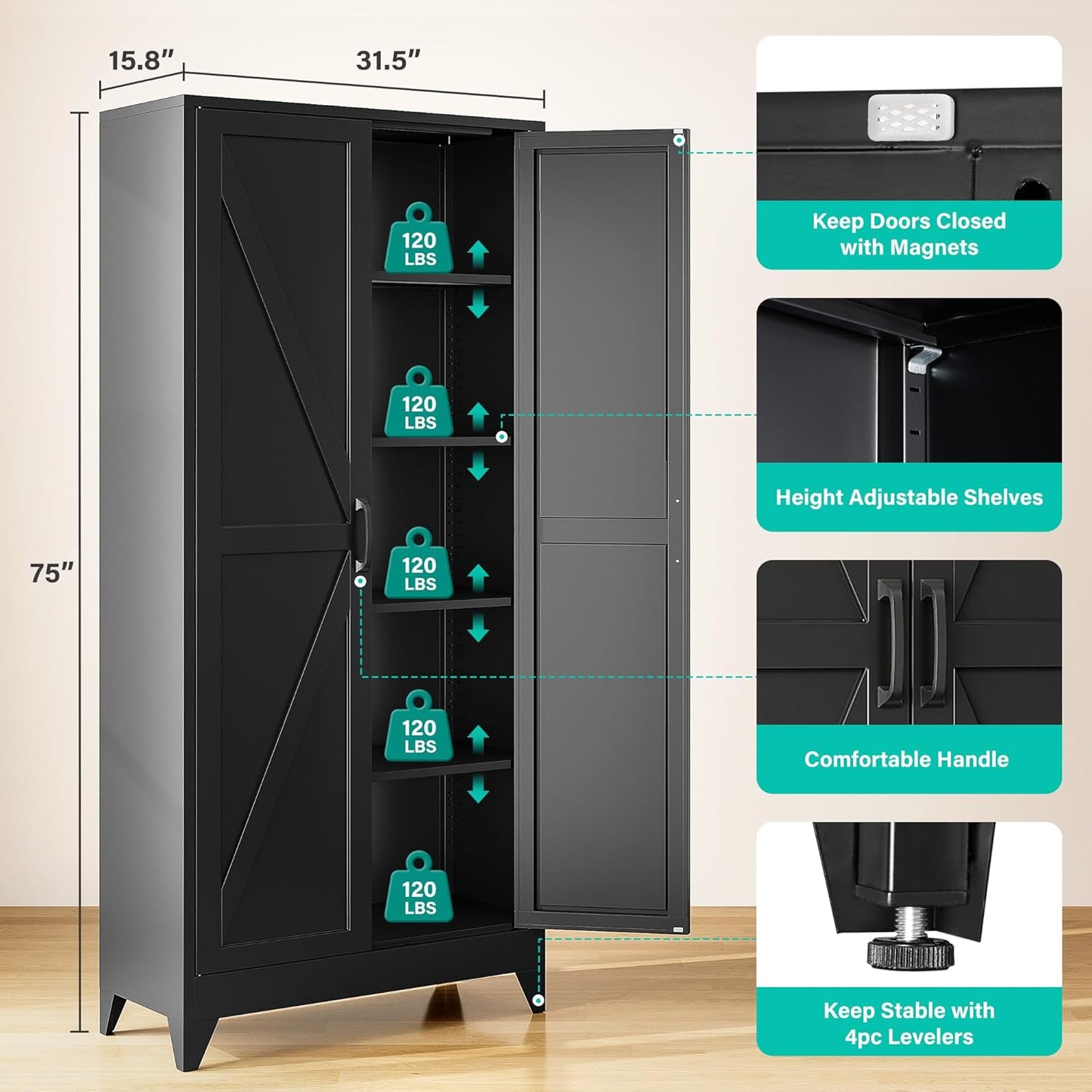 75" Tall Pantry Cabinet,Farmhouse Kitchen Pantry Storage Cabinets with 2 Doors and 5 Shelves,Black Metal Storage Cabinet,Large Cupboard for Home,Kitchen,Dining/Living Room