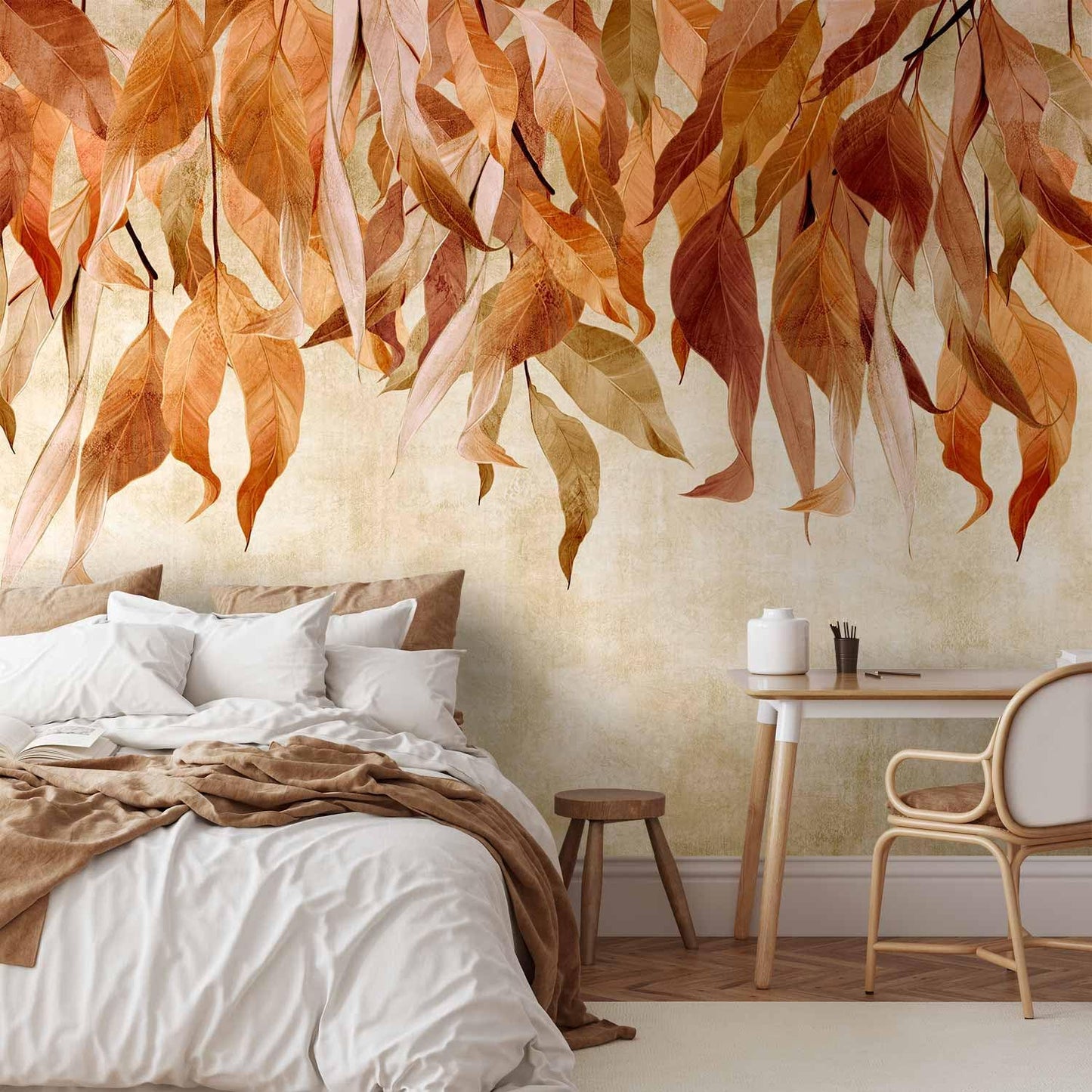 artgeist Premium Wall Mural Hanging Leaves 138x101 in - Non-Woven Wallpaper Fleece Wall Decor Photo Print Picture Image Design Nature Botanical Concrete Orange Beige b-C-10146-a-c