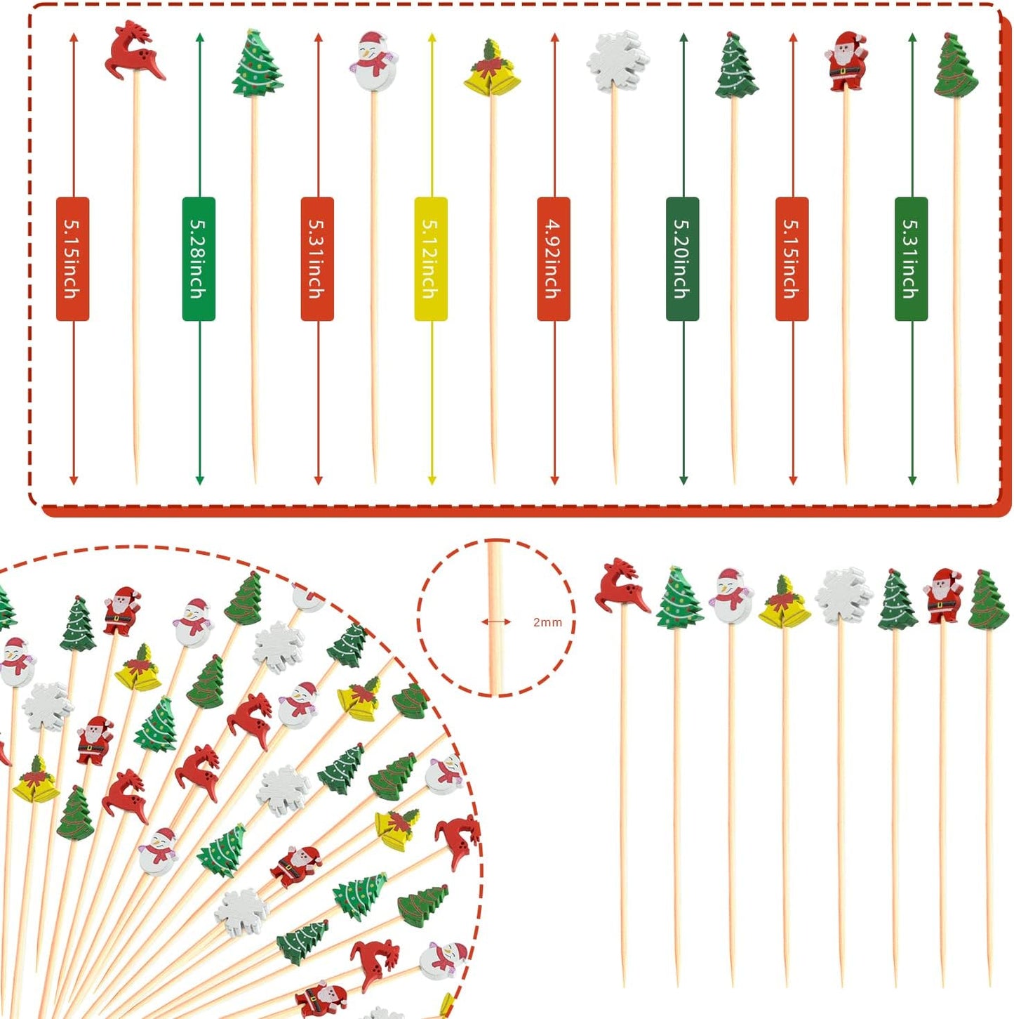 Christmas Cocktail Picks Toothpicks Fruit Dessert Sticks Food Sandwich Appetizer Charcuterie Skewers for Xmas Tree Snowman Elk Snowflake Christmas Decorations Themed Party Supplies, 5", 100 Count