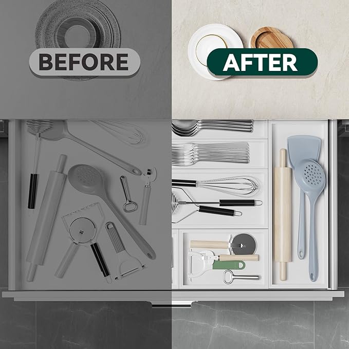 Bamboo Drawer Organizer, Small Silverware Organizer for Kitchen Drawer, Stackable Utensil Organizer, 2 Pcs Flatware Organizer Wooden Storage Box Tray (White, 6 X 3 X 2 Inch)