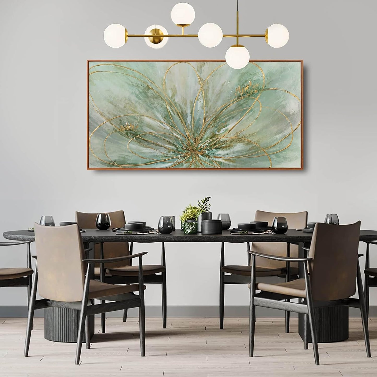 YJYart Green Abstract Canvas Artwork Flowers Wall Decor for Office Line Art Painting 24"x 48" Pictures for Bedroom Dining Room Neutral Wall Art