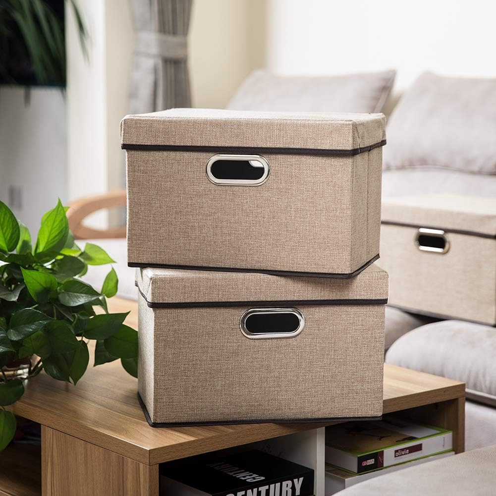 PRANDOM Collapsible Storage Cubes with Lids [3-Pack] Jute Fabric Foldable Storage Boxes Organizer Containers Baskets Bins with Cover for Home Bedroom Closet Office Nursery (14.9x9.8x9.8)