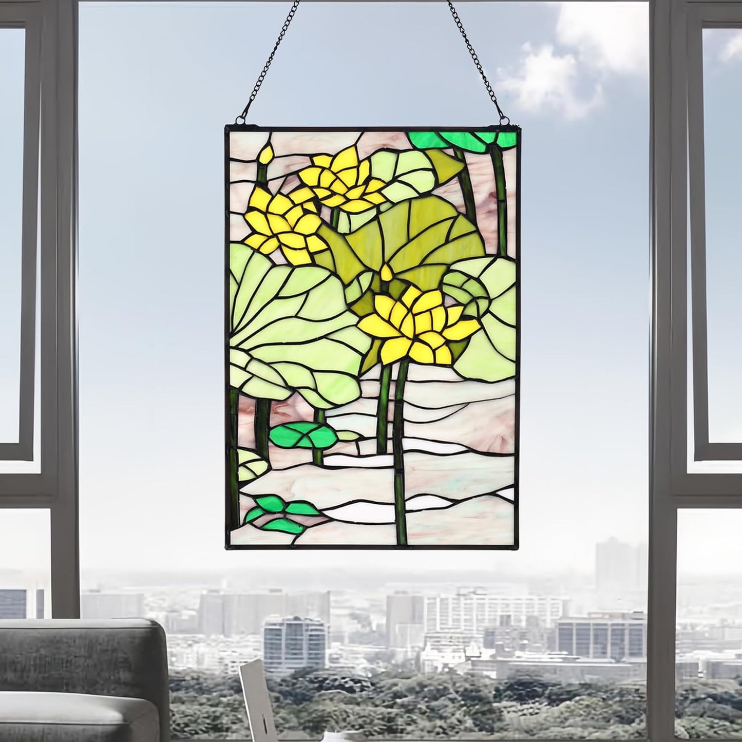 YOURANJU Stained Glass Window Hanging 16" H x 11" W Tiffany Style Rectangular Window Panel Suitable for Living Room Bedroom Kitchen Window Decoration Hangings with Chain (Lotus)