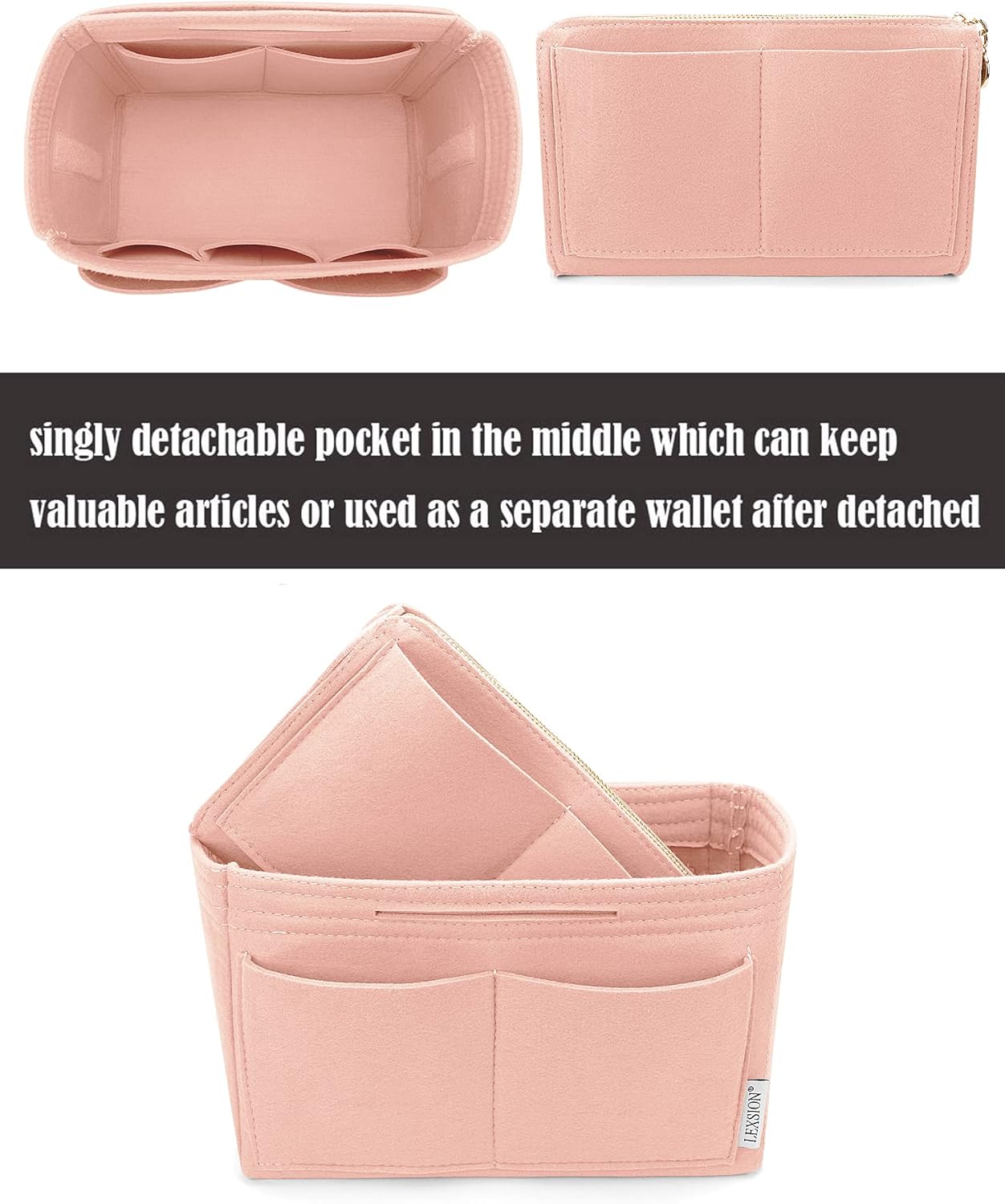 LEXSION Felt Purse Bag Organizer Insert with zipper Bag Tote Shaper Fit Speedy Neverful PM MM