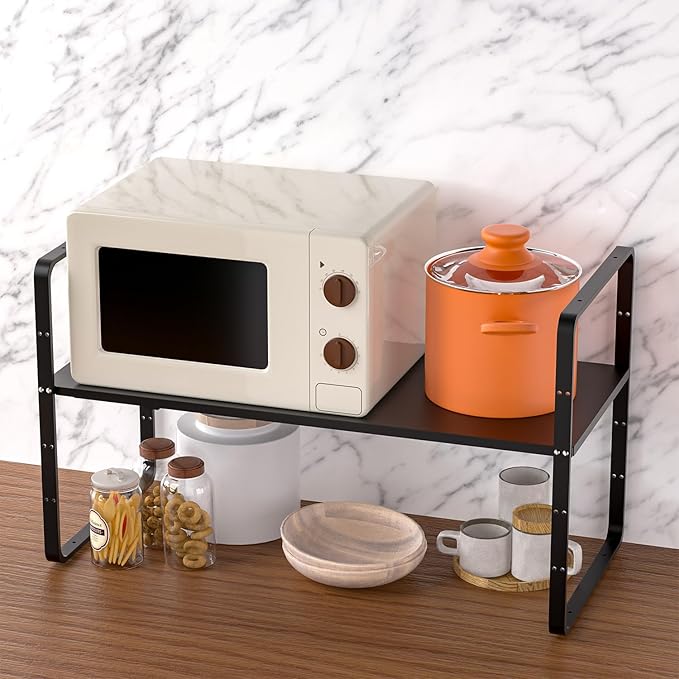 iPEGTOP Expandable Cabinet Storage Shelf Organizer, Heavy Duty Steel Metal Spice Rack Adjustable Height Home Office Garage Pantry Shelf Space Riser for Counter Kitchen Organization, Black, 1 Pack