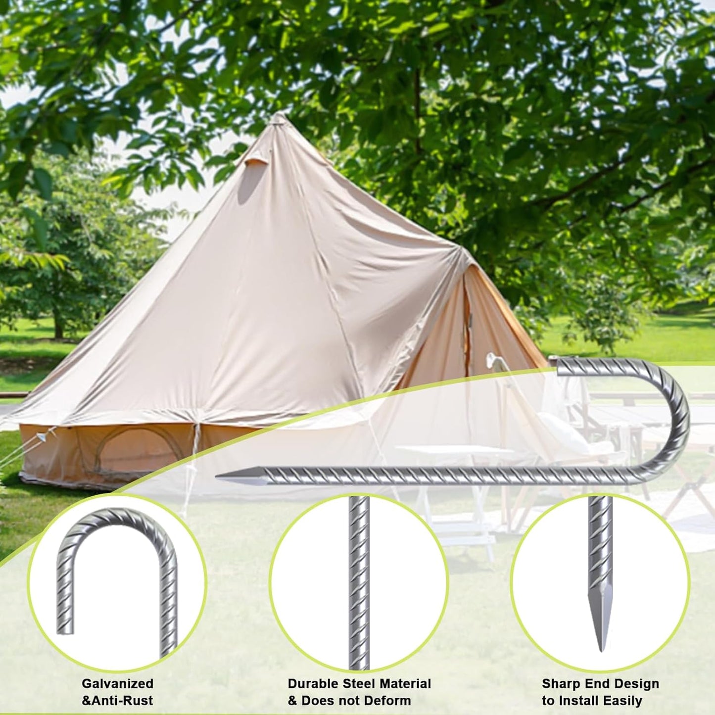 AAGUT Rebar Stakes 12 inch Galvanized Metal Tent Stakes 3/8" Heavy Duty Ground Anchor Stake for Large Canopy and Fence, J Hook Stakes Easy to Push into Hard Soil,12 Pack