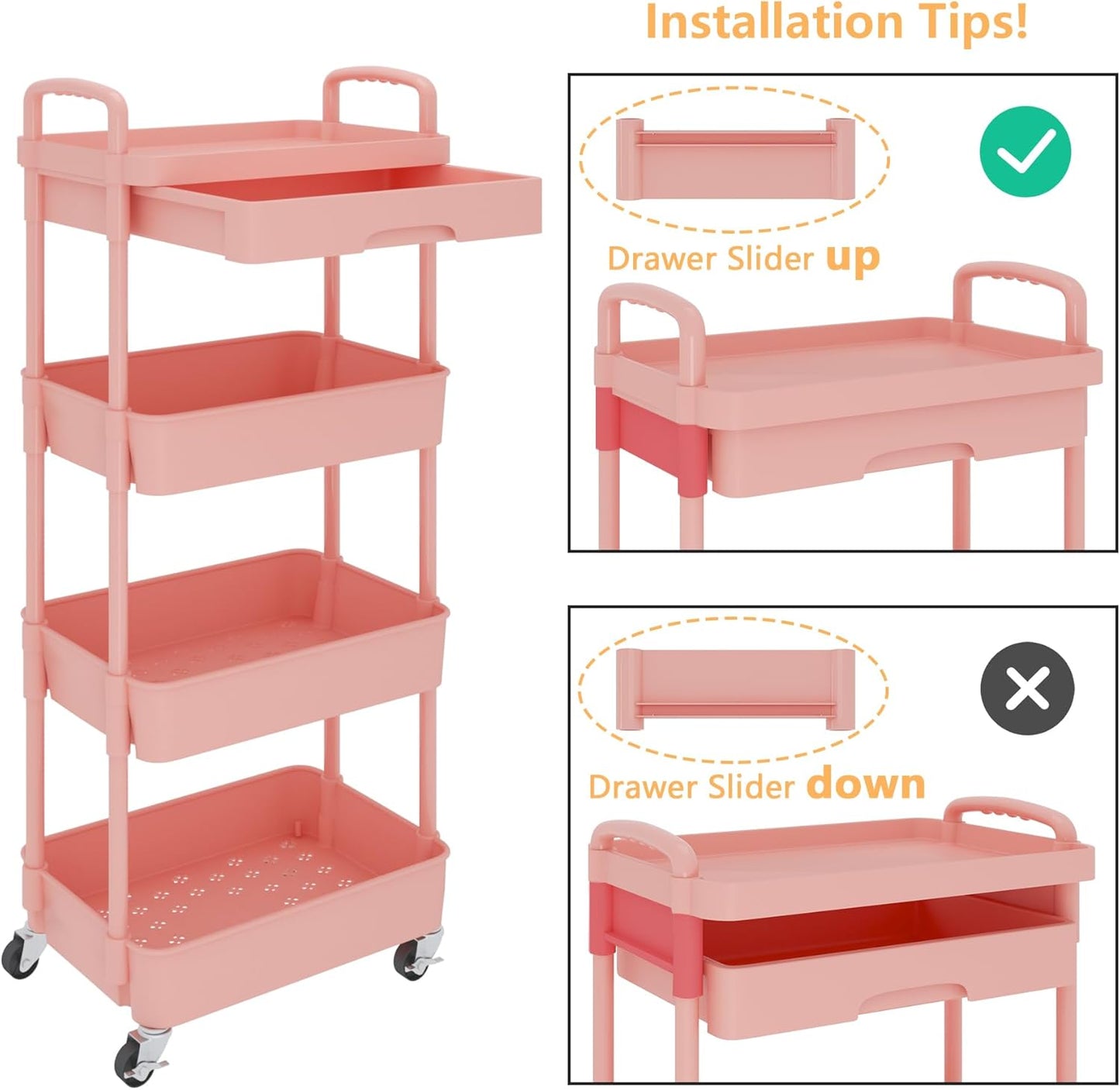 Calmootey 4-Tier Rolling Utility Cart with Drawer,Multifunctional Storage Organizer with Plastic Shelf & Metal Wheel,Storage Cart for Kitchen,Bathroom,Living Room,Office,Pink
