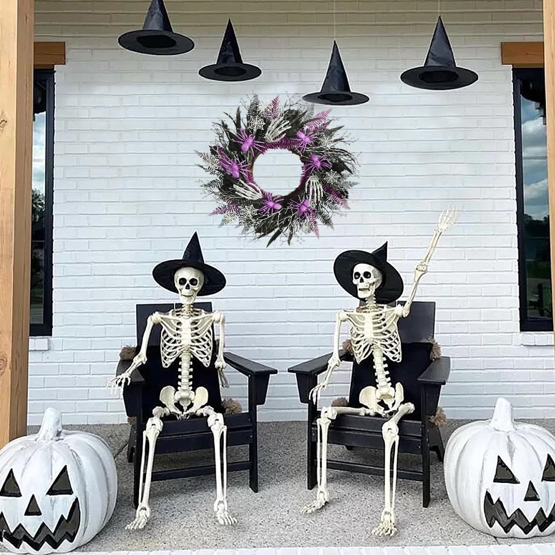 Halloween Decorations, Halloween Wreaths for Front Door 20", Purple Spiders Silver Skeleton Hands Black Leaves Halloween Decor for Doors Porch Wall, Gothic Party Horror Room Decor