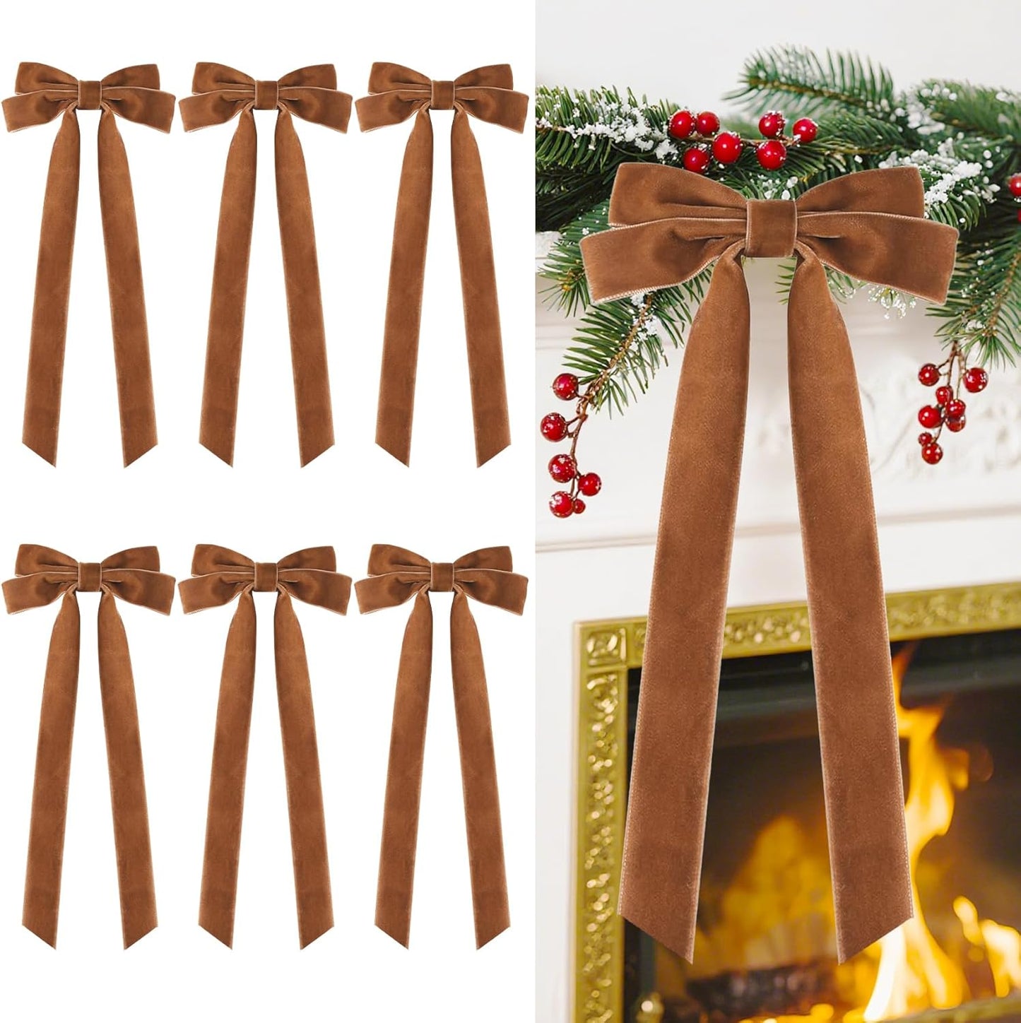 Senjie Velvet Large Christmas Bows for Staircase Garland Wreath, 20in x 8in Vintage Ribbon Bows with Twist Tie for Xmas Tree Holiday Indoor Outdoor Decorations (6Pcs, Light Brown)