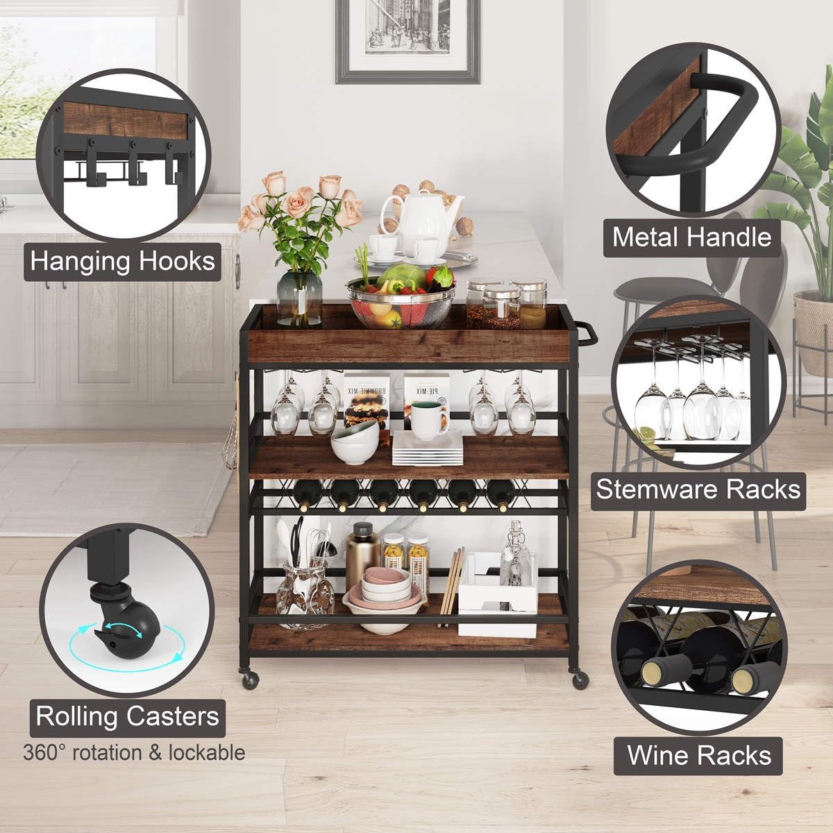 BON AUGURE Bar Cart for The Home, Rolling Home Bar Serving Cart on Wheels, 3 Tier Liquor Beverage Carts with Wine Rack and Glass Holder (Rustic Oak)