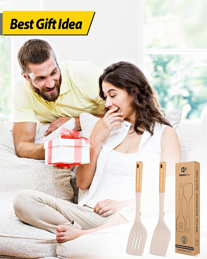 Pack of 2 Large Silicone Spatula, Heat Resistant Solid Turner, Non Stick Slotted Spatulas with Wooden Handle, Ideal Kitchen Utensils for Flipping, Pancakes, Eggs, Fish(KHAKI)