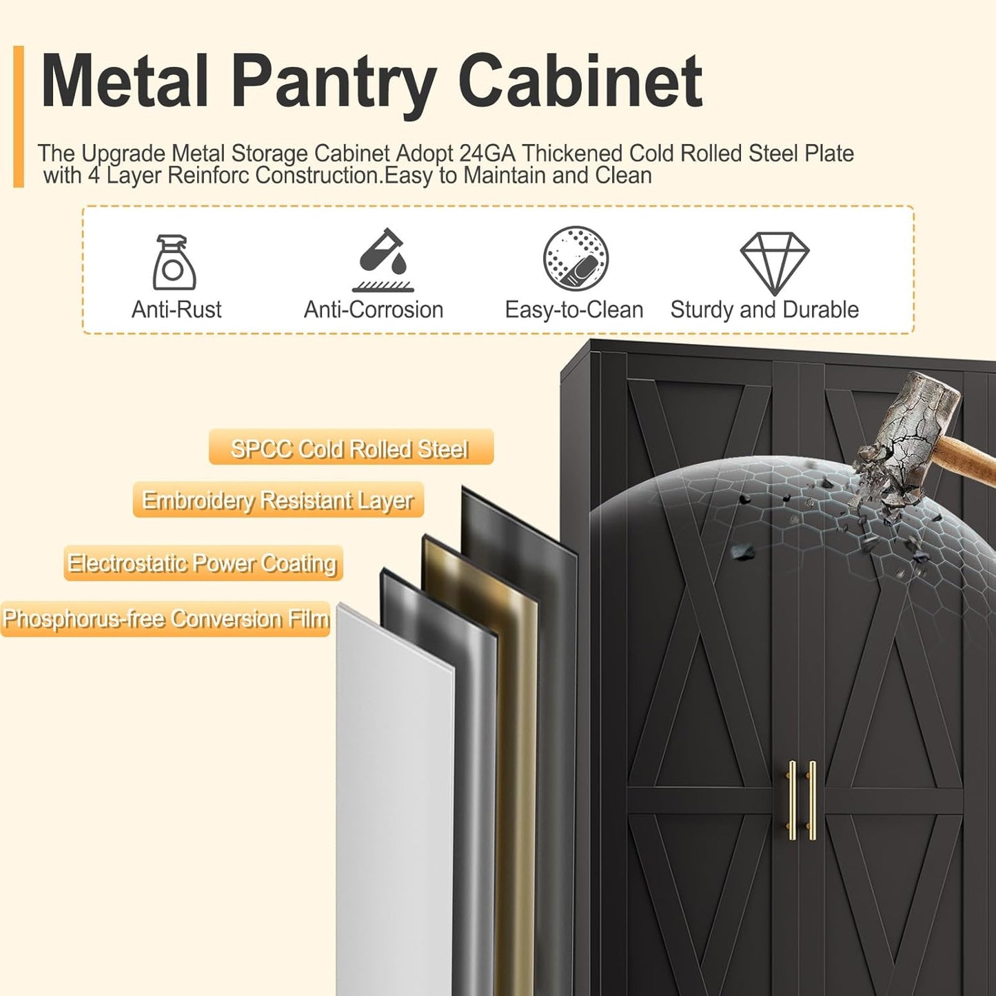 61" H Metal Kitchen Pantry Storage Cabinet, Freestanding Cupboard with 2 Doors and 3 Adjustable Shelves, Standing Storage for Kitchen, Bathroom, Garage, Dinning Room or Utility Room（Black）