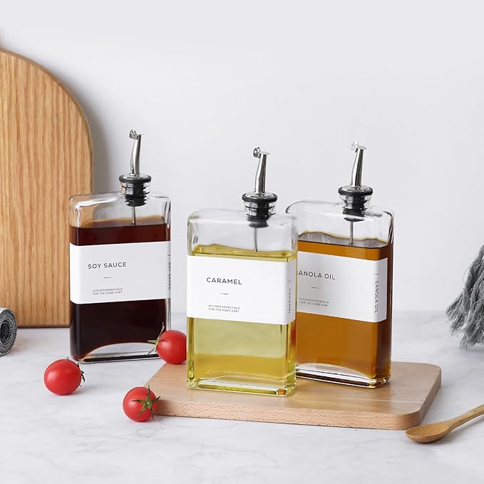 Olive Oil Dispenser Bottle for Kitchen, 3 Pack Glass Oil and Vinegar Dispenser Set, Elegant Book Design, Durable, Leak-Proof, Easy-Pour Spouts, Perfect for Kitchen, Dining Table (12oz)