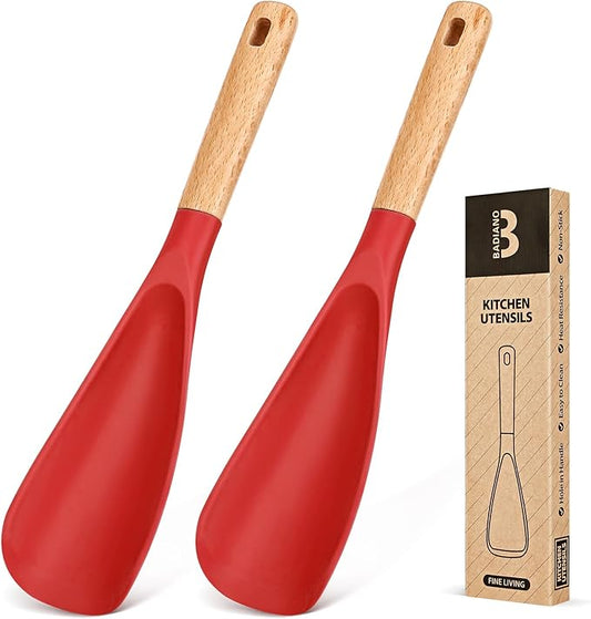 Cooking Spoon for Nonstick Cookwares, Great for Cooking and Serving Sturdy BPA-Free Matte Silicone, Wood Handle Spoon for Mixing, Scoop, and Scrape (2 Pack of Red, 11.4 inch)