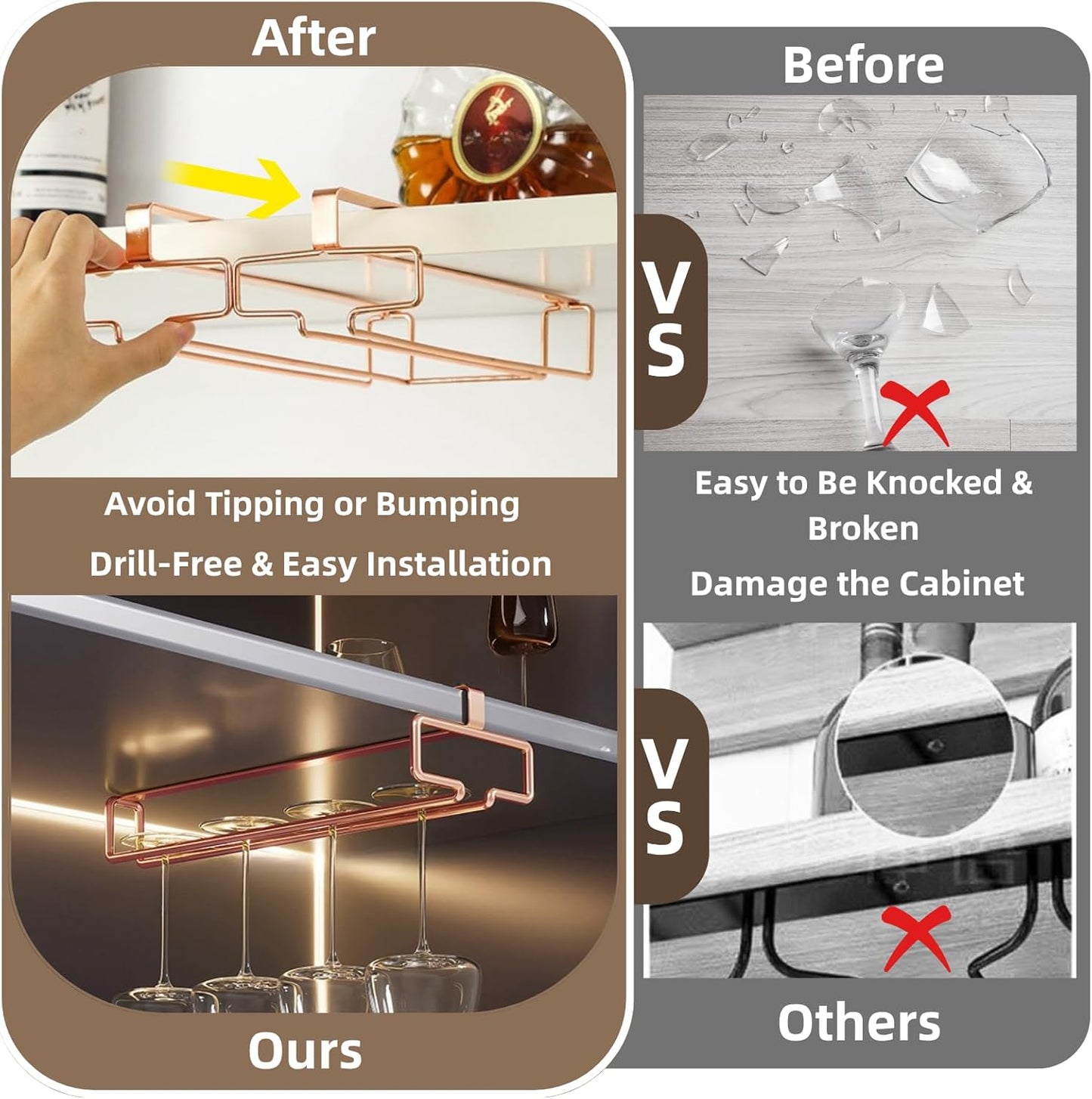 LINFIDITE 2 Pack Under Cabinet Wine Glass Rack Rose Gold Wine Glass Holder Stemware Rack Hanger Kitchen Hanging Storage Rack Organizer