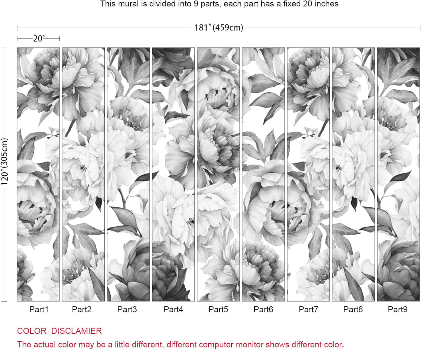 Gray Peonies Wallpaper Watercolor Floral Mural Wallpaper for Nursery(Not Peel n' Stick)