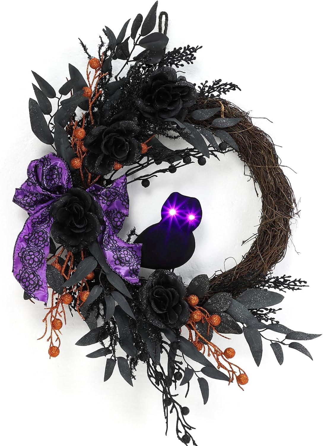 22 Inch Halloween Wreath with Lighted Eyes, Black Prelit Wreath with Artificial Roses, Willow Leaves, Ribbon for Indoor/Outdoor Home Decor