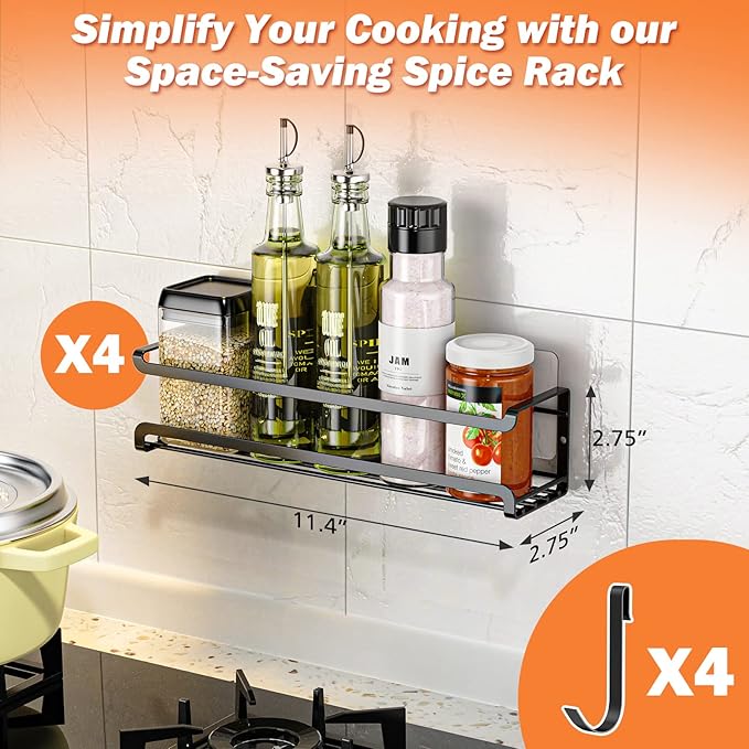 Spice Rack Wall Mounted 4 Pack,Space-Saving Spice Organizer for Spice Jars and Seasonings,Screw or Adhesive Hanging Spice Rack Organizer for Your Kitchen Cabinet,Pantry Door,11.41x2.75x2.75in