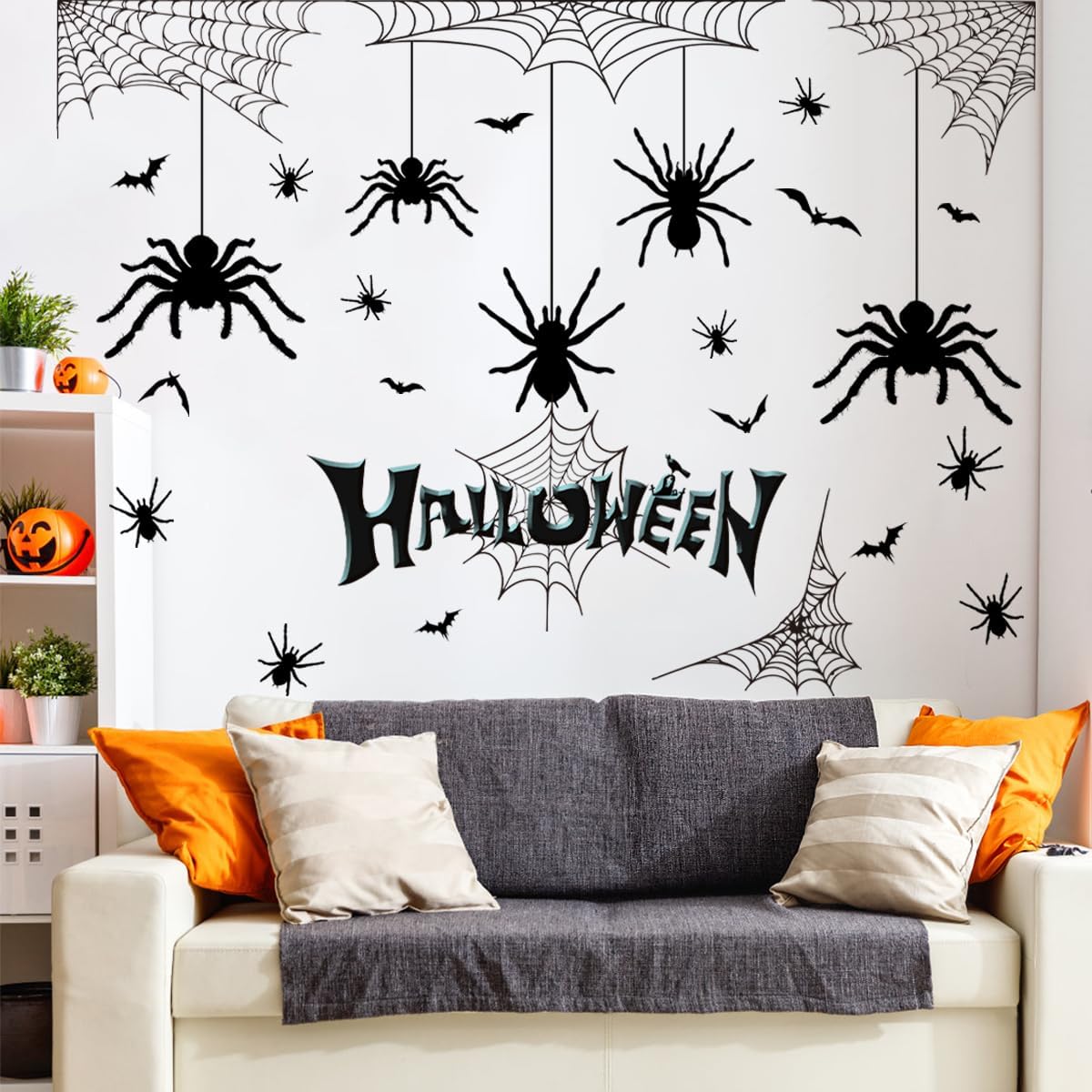 Halloween Spider Web Bat Patterns Wall Decals - Peel and Stick Removable Stickers for Scary Theme Party Decorations