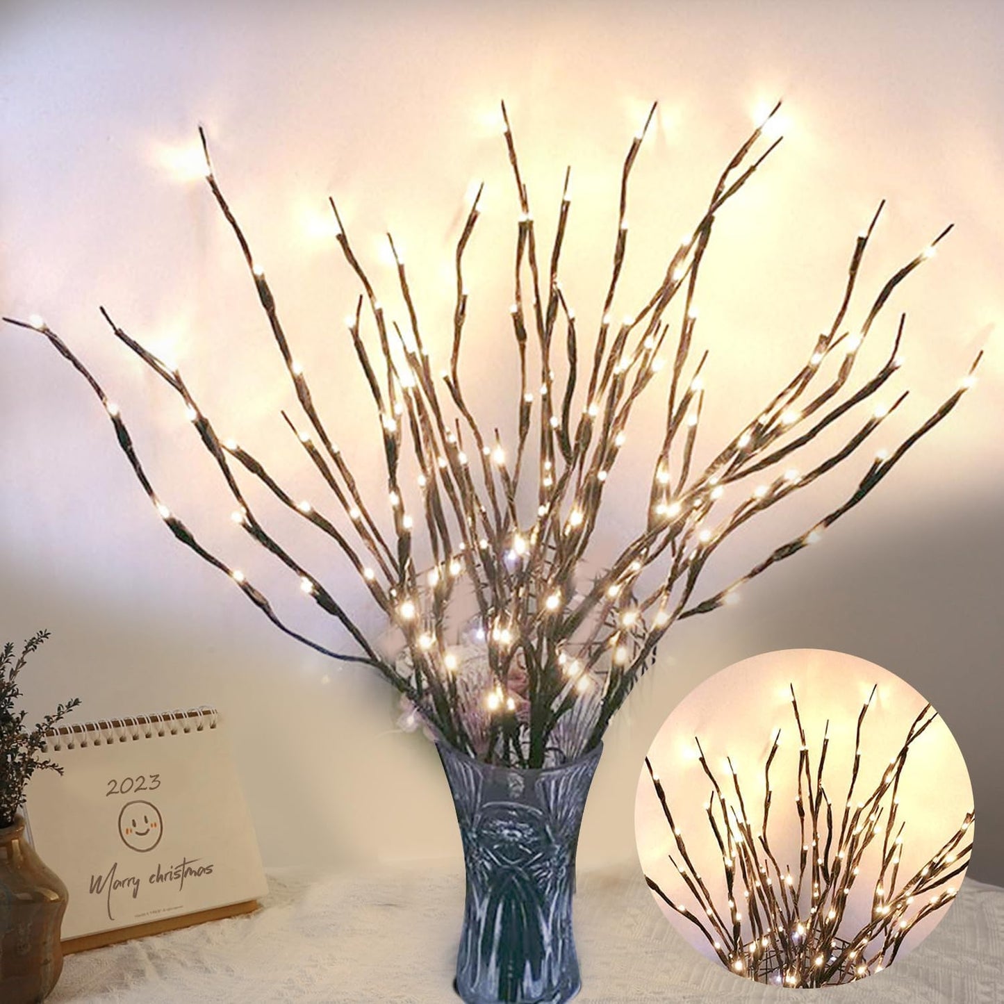 DK177 4 Pack Led Branch Light Battery Operated Lighted Branch Vase Filler Willow Tree Artificial Little Twig Power Brown 30 Inch 20 LED for Home Romantic Decoration, White