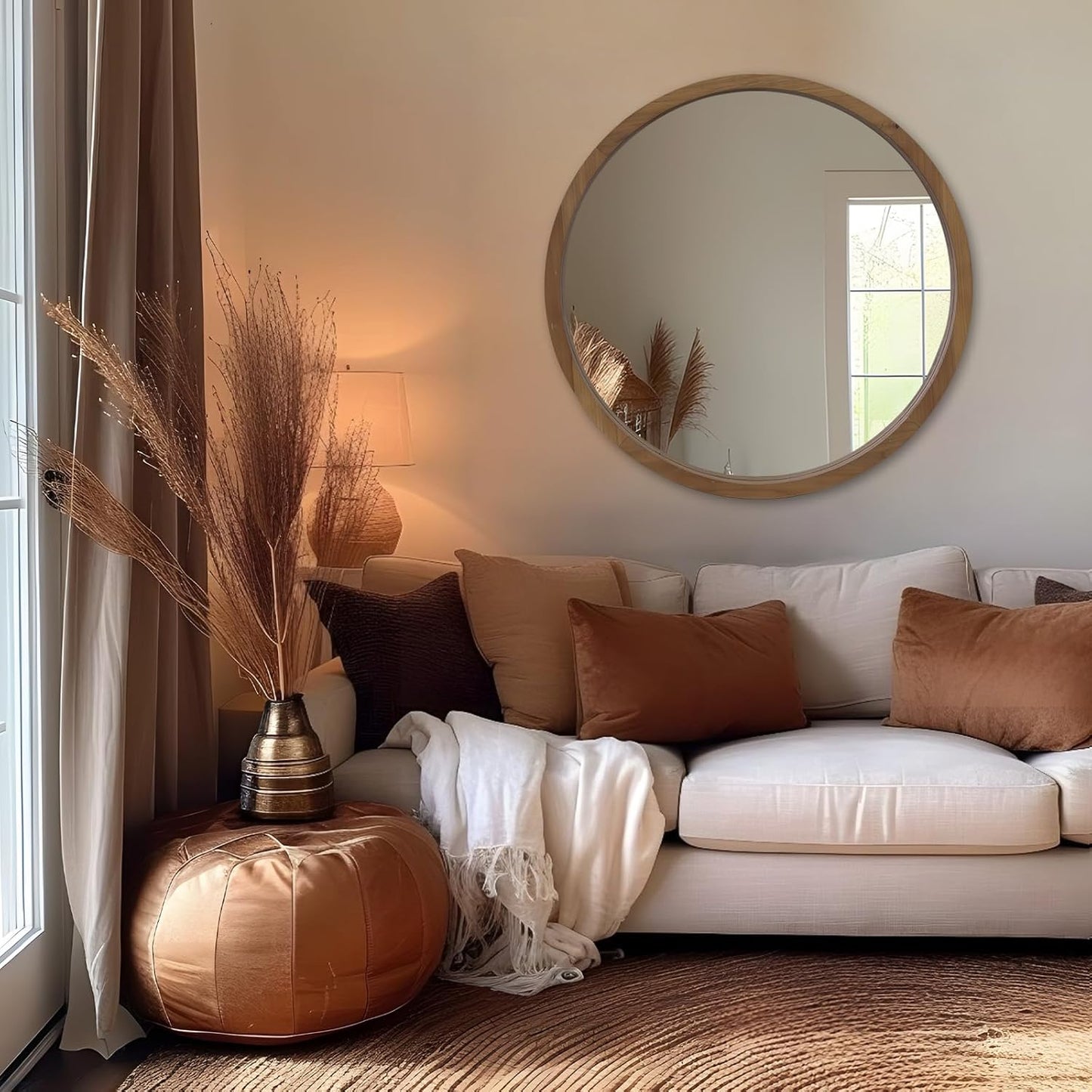 36" Bathroom Mirror, Round Wall Mirror with Wood Frame, Farmhouse Mirror for Wall Decor, Wall-Mounted Mirror for Bedroom, Living Room, Brown