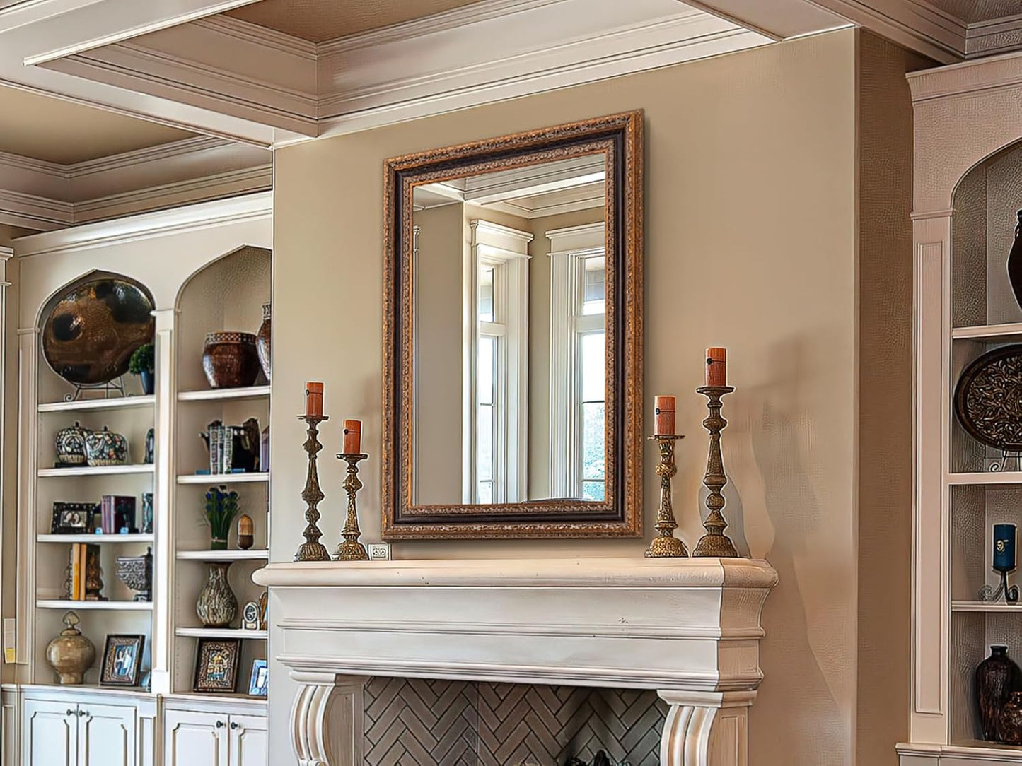 Antique Bronze Mirror 36.5" X 25", Bathroom Wall Mirror with Ornate Carvings Solid Wood Frame, Handmade Aging, for Vintage Living Room, Hallway and Bedroom