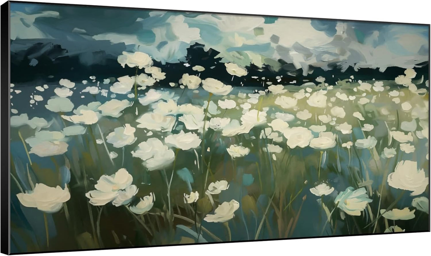 SIGNWIN 30"x60" Extra Large Framed Wall Art White Wildflower Field in Impressionist Style, Soft Floral Landscape for Home Living Room Bedroom Decor (Frame Assembly Required)