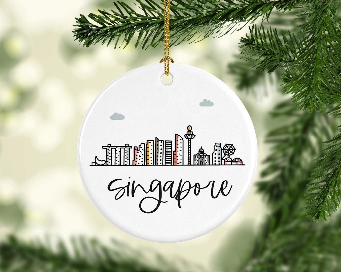 Andaz Press Round Ceramic Porcelain Christmas Tree Ornament Keepsake Gift, Singapore, Colorful International City Skyline Graphic, 1-Pack, Birthday Ideas Family Coworker Him Her, Gift Box