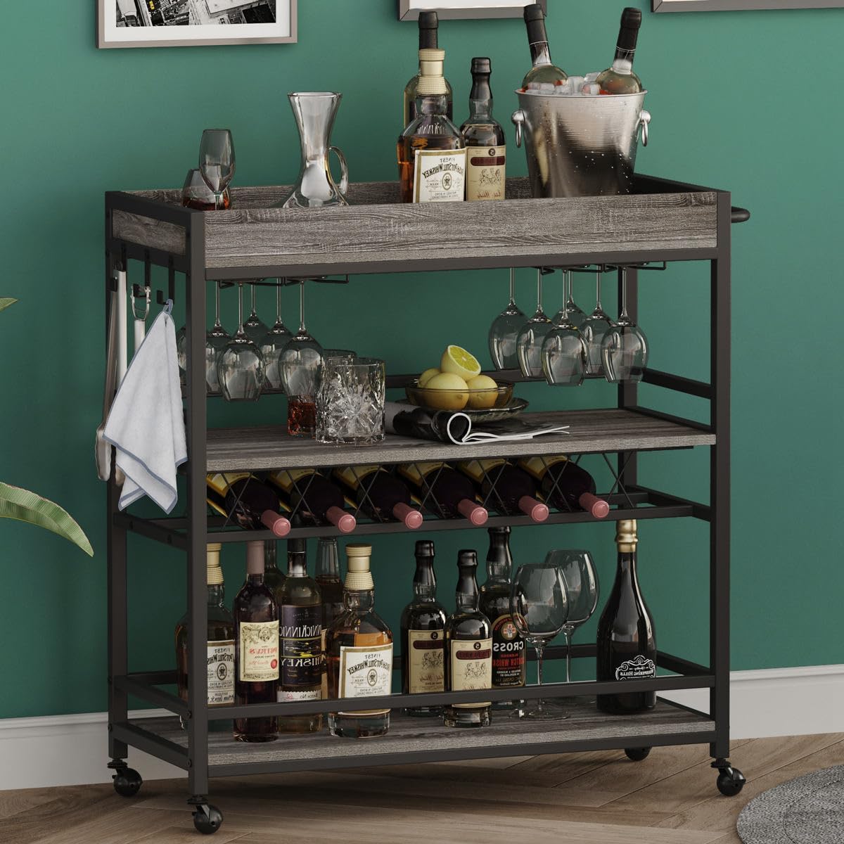 BON AUGURE Bar Cart, Home Bar Serving Cart on Wheels, Mobile 3 Tier Liquor Beverage Carts with Wine Rack and Glass Holder (Grey Oak)