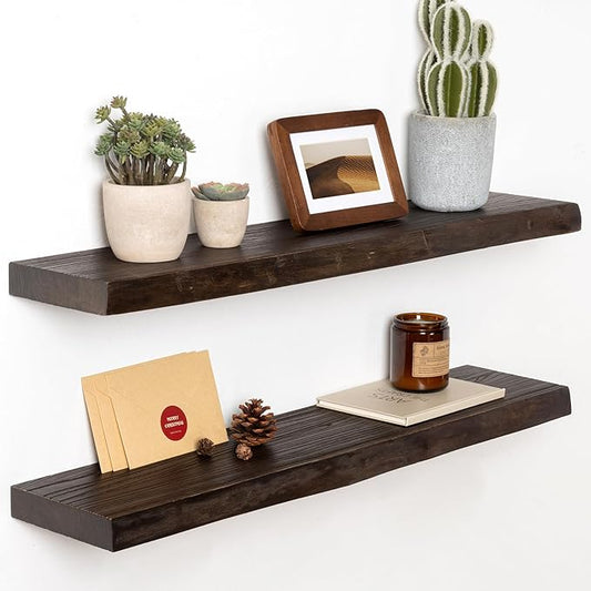 30" Floating Shelves, Live Edge Solid Elm Wood Floating Shelf, Wall Mounted Display Shelves with Heavy-Duty Bracket for Books, Rustic Wooden Shelf for Kitchen, Bathroom, Walnut Color, Set of 2