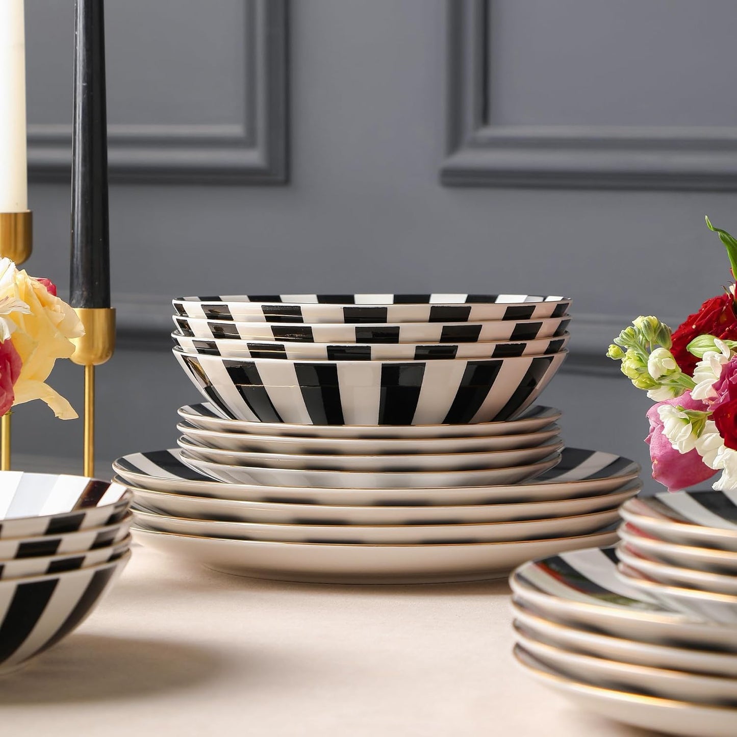 Christian Siriano Empire Porcelain Dinnerware, 12-Piece Plates and Bowls Set, Black and White Dish Set for 4, Gold Trim, Hand Wash Only